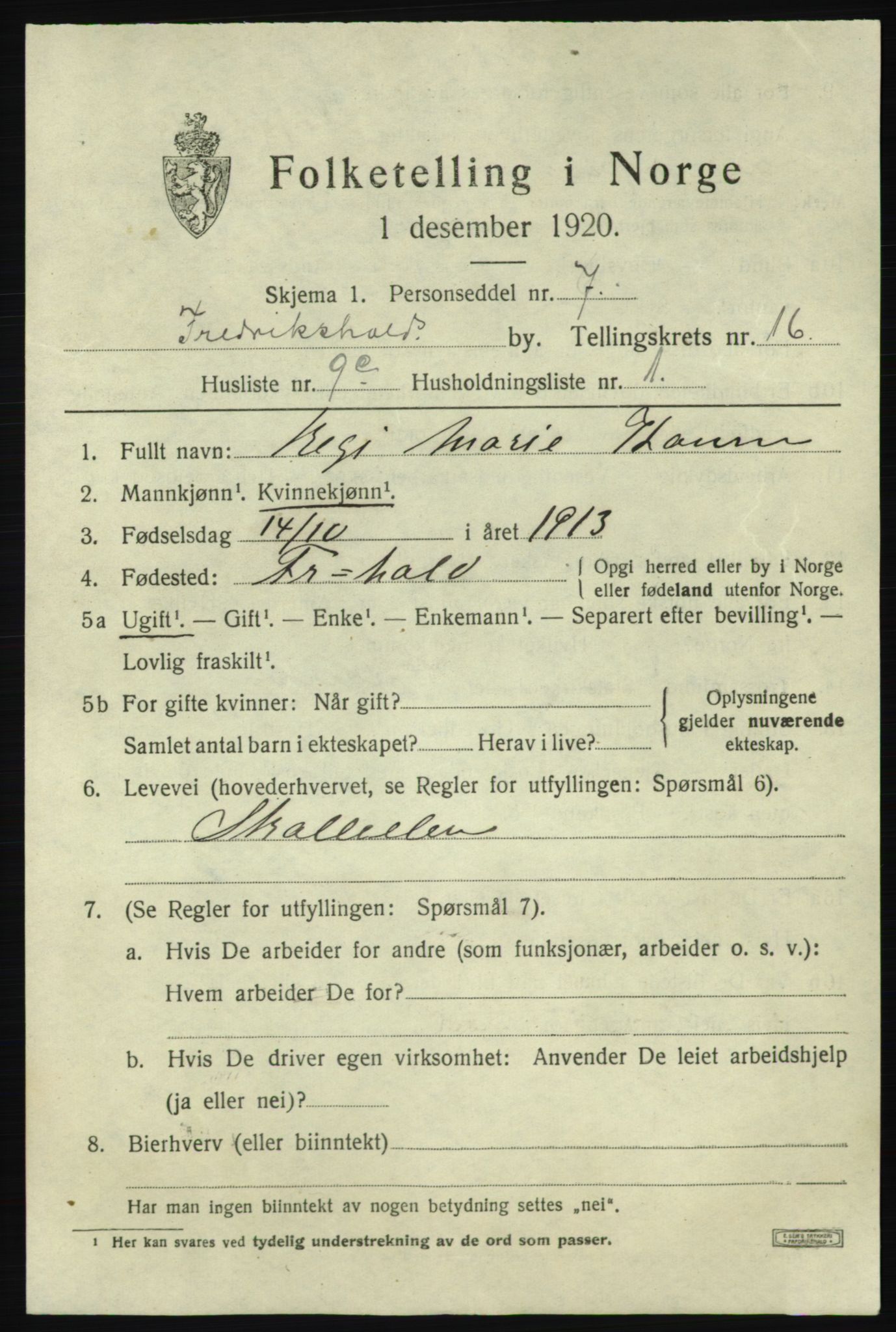 SAO, 1920 census for Fredrikshald, 1920, p. 25141
