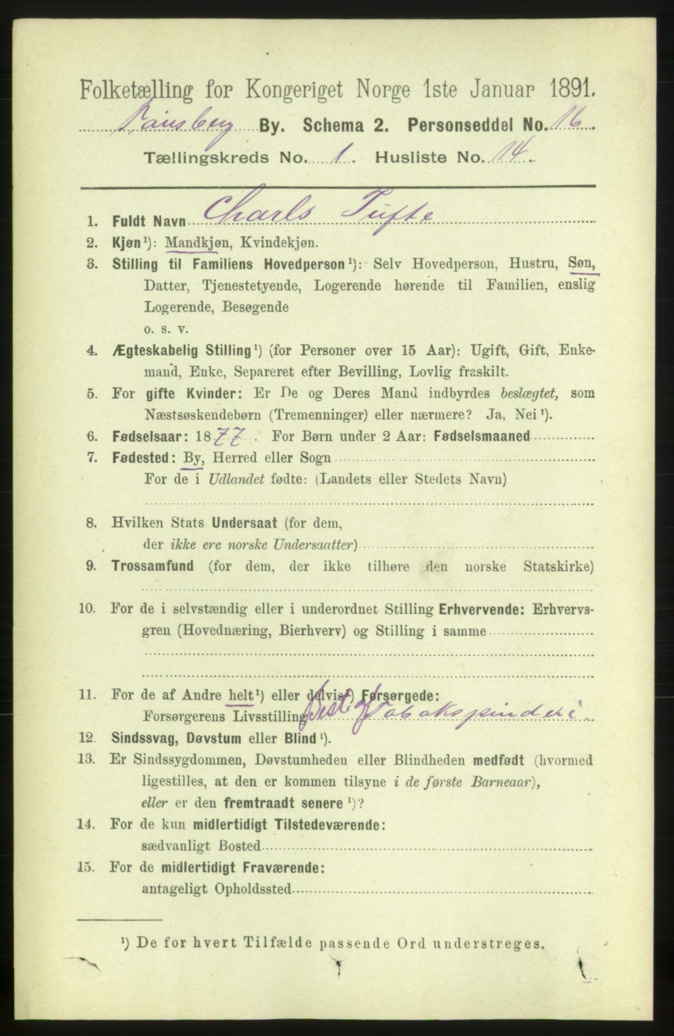 RA, 1891 census for 0705 Tønsberg, 1891, p. 1434