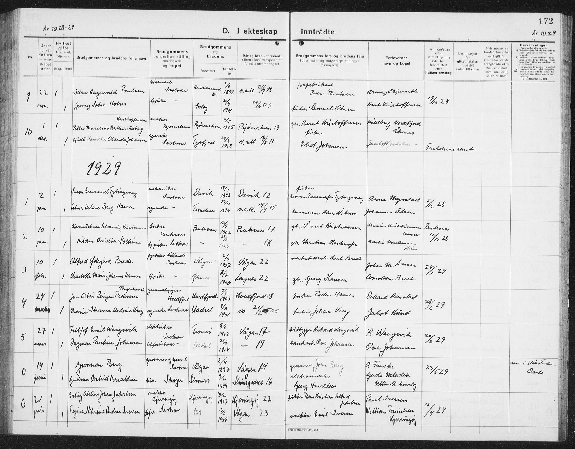 Ministerialprotokoller, klokkerbøker og fødselsregistre - Nordland, AV/SAT-A-1459/877/L1117: Parish register (copy) no. 877C01, 1923-1942, p. 172