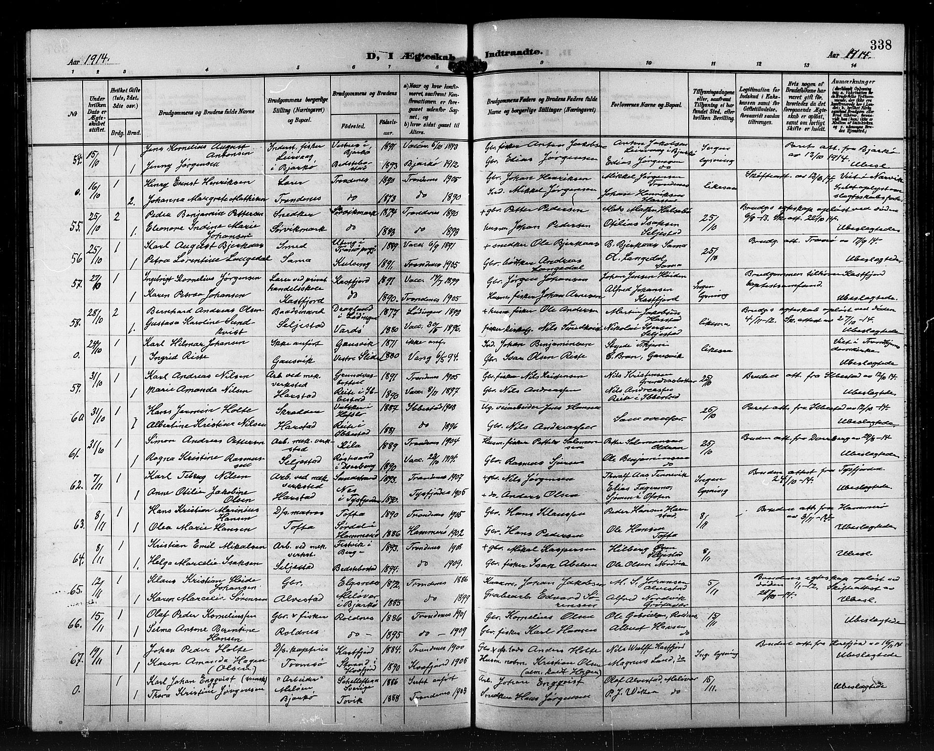 Trondenes sokneprestkontor, AV/SATØ-S-1319/H/Hb/L0012klokker: Parish register (copy) no. 12, 1907-1916, p. 338