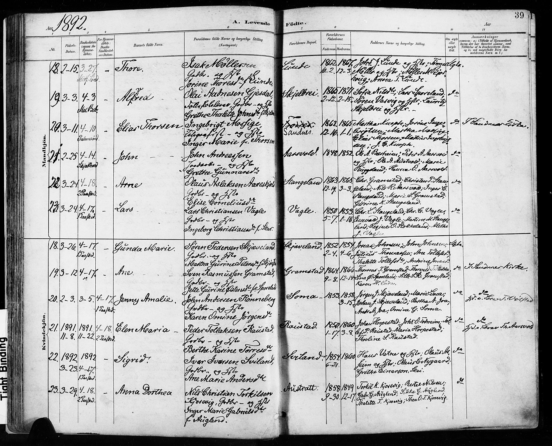 Høyland sokneprestkontor, AV/SAST-A-101799/001/30BA/L0013: Parish register (official) no. A 13.1, 1889-1898, p. 39