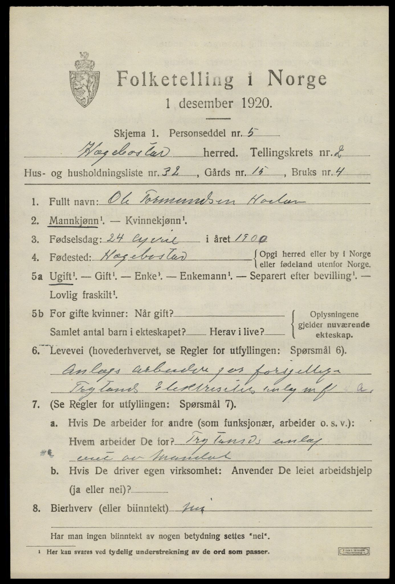 SAK, 1920 census for Hægebostad, 1920, p. 1097