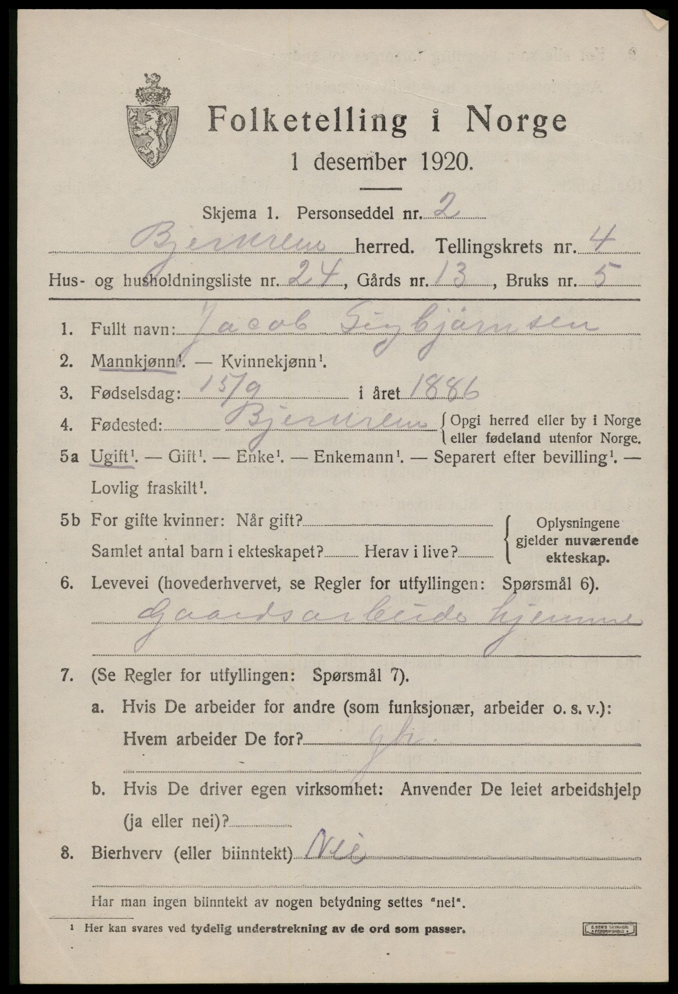 SAST, 1920 census for Bjerkreim, 1920, p. 2046