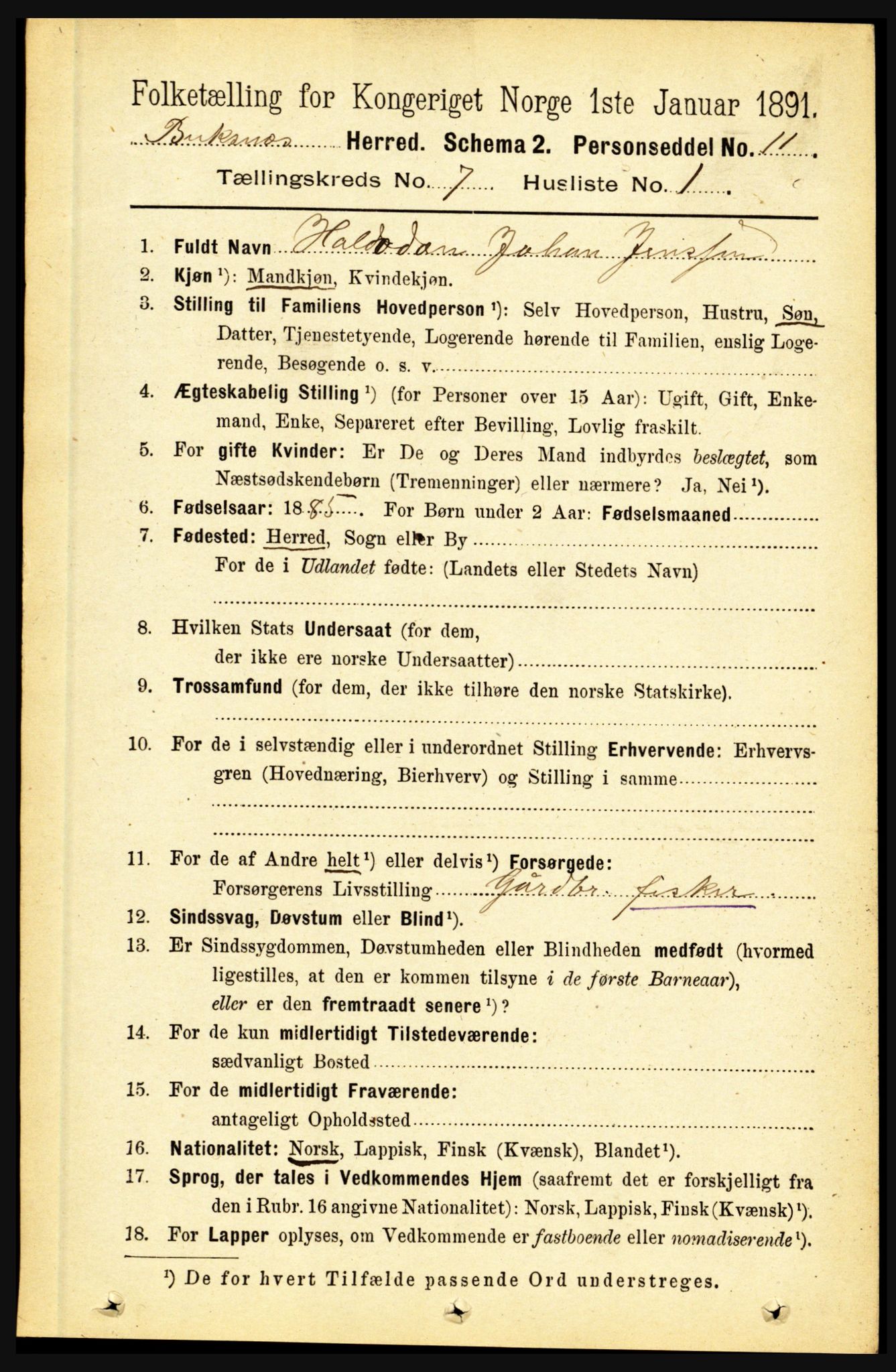 RA, 1891 census for 1860 Buksnes, 1891, p. 5000