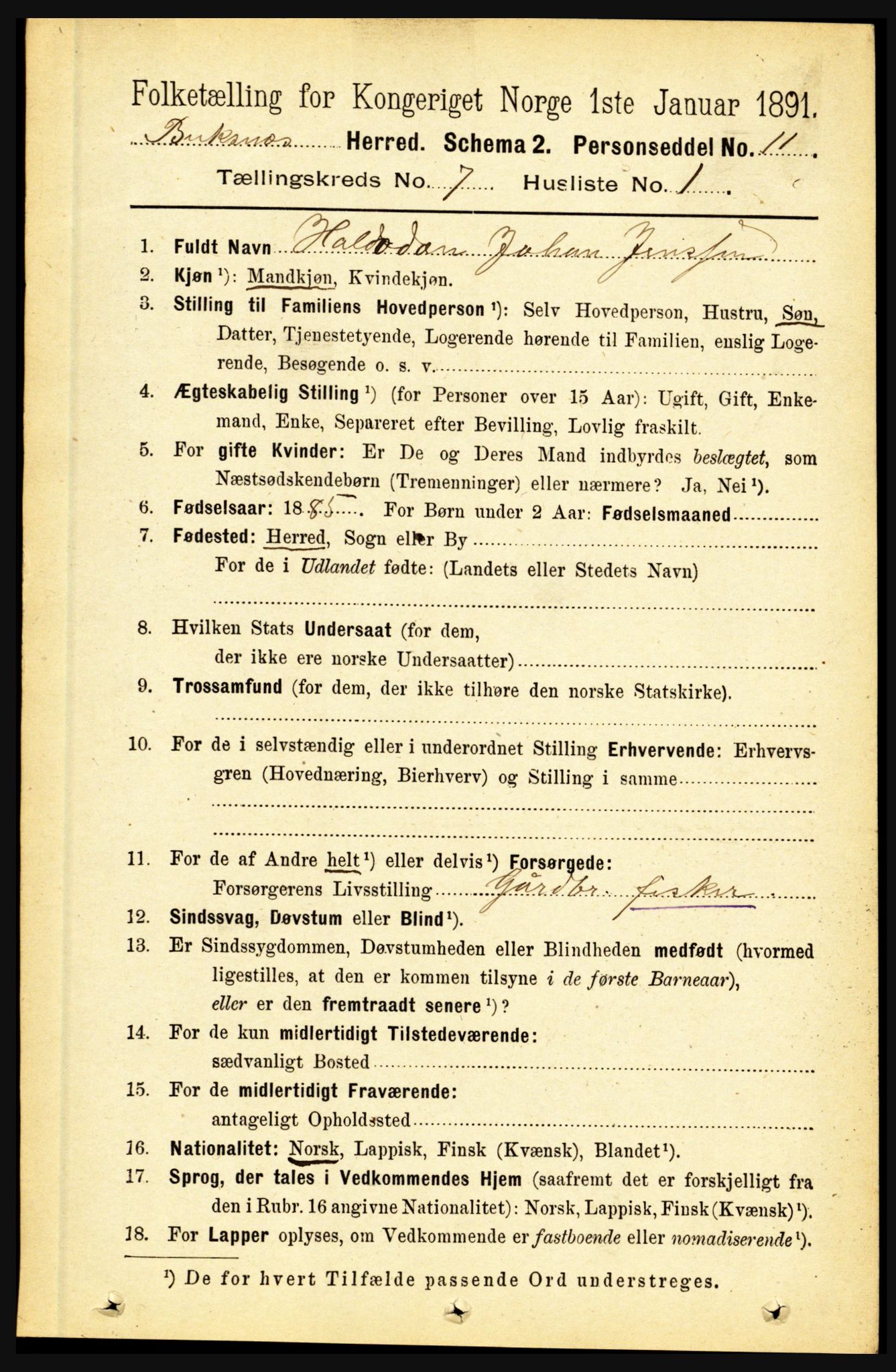 RA, 1891 census for 1860 Buksnes, 1891, p. 5000