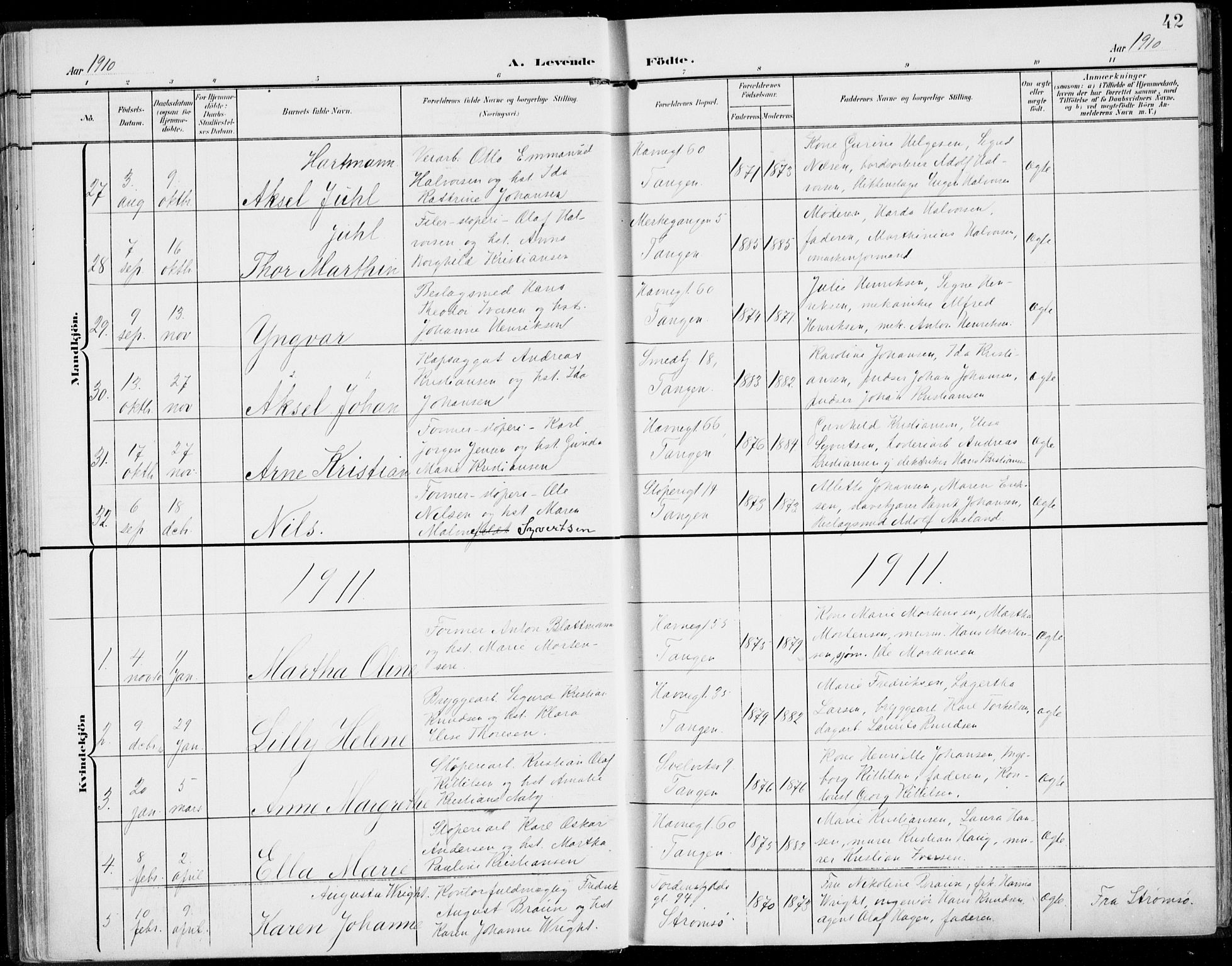 Strømsø kirkebøker, AV/SAKO-A-246/F/Fb/L0008: Parish register (official) no. II 8, 1902-1933, p. 42