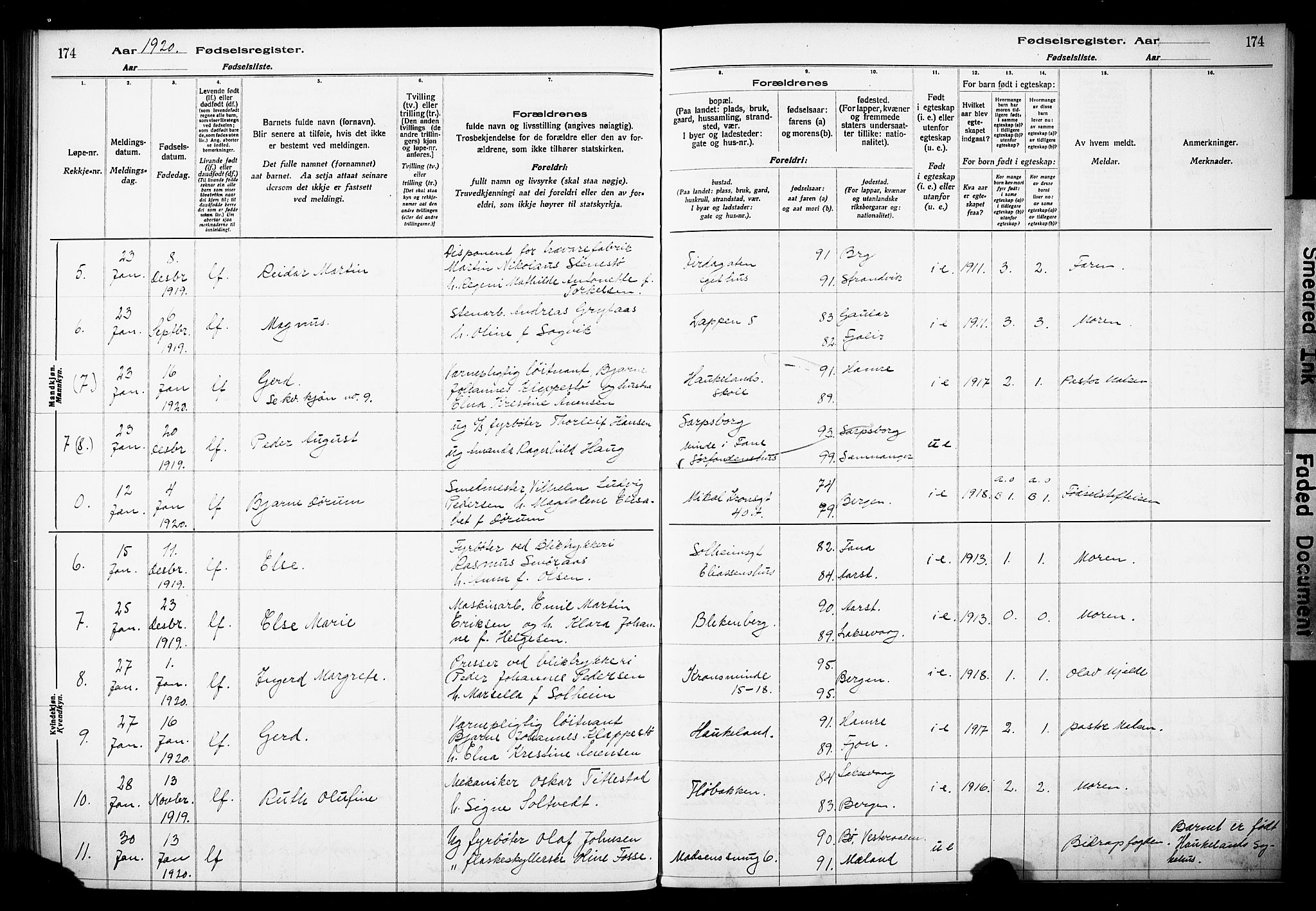 Årstad Sokneprestembete, AV/SAB-A-79301/I/Id/L0A01: Birth register no. A 1, 1916-1920, p. 174