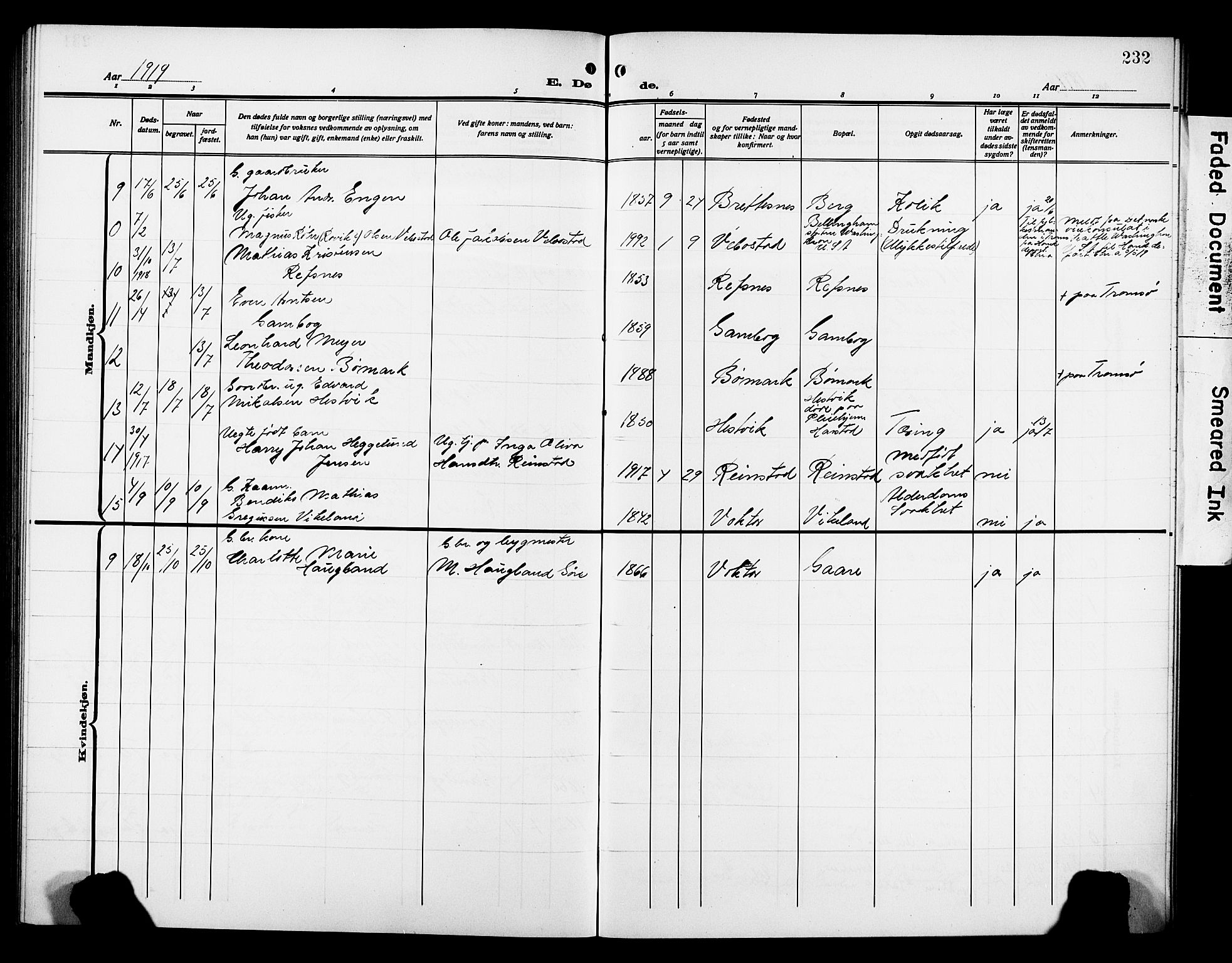 Kvæfjord sokneprestkontor, AV/SATØ-S-1323/G/Ga/Gab/L0006klokker: Parish register (copy) no. 6, 1912-1931, p. 232