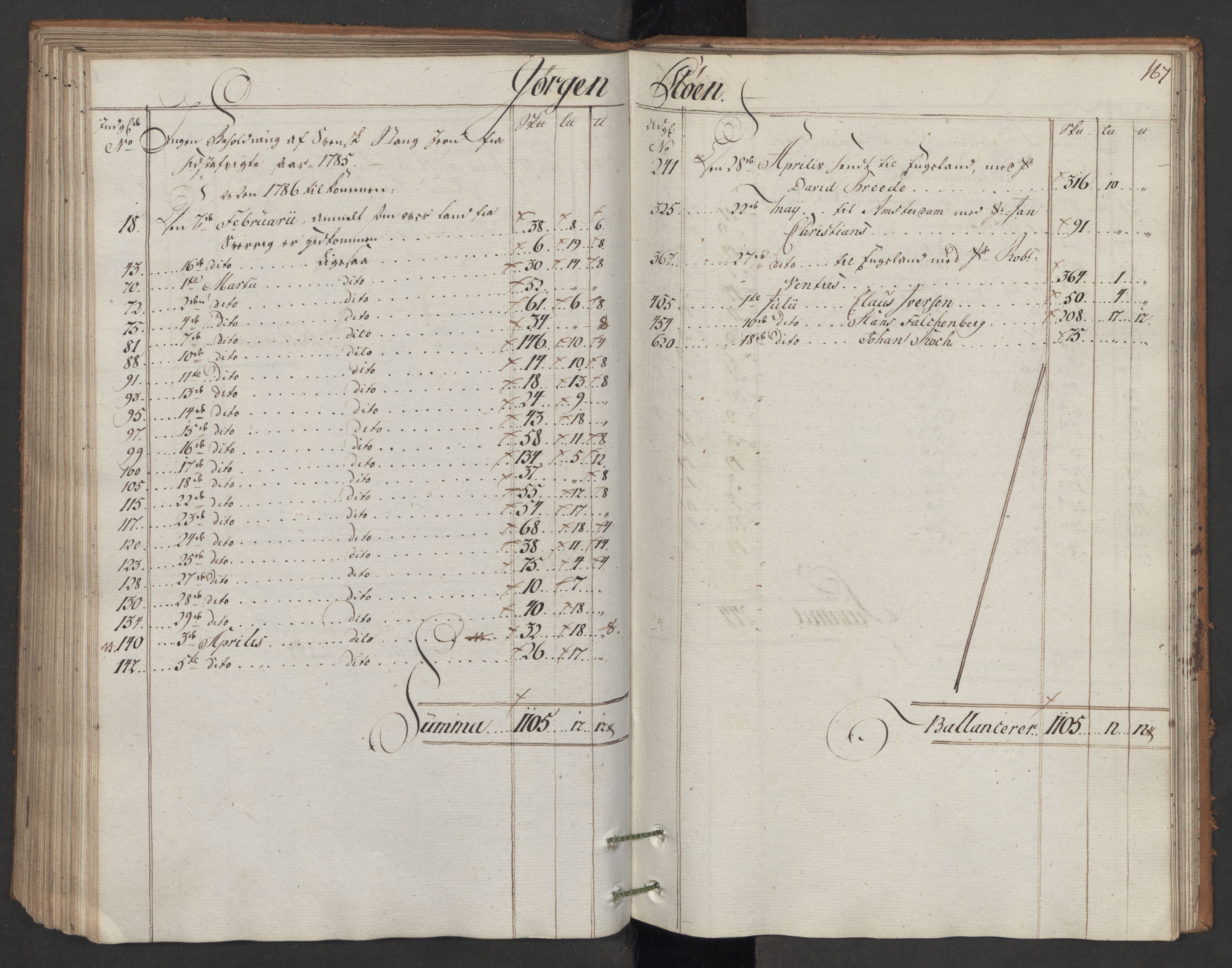 Generaltollkammeret, tollregnskaper, AV/RA-EA-5490/R06/L0166/0001: Tollregnskaper Kristiania / Utgående hovedtollbok, 1786, p. 166b-167a