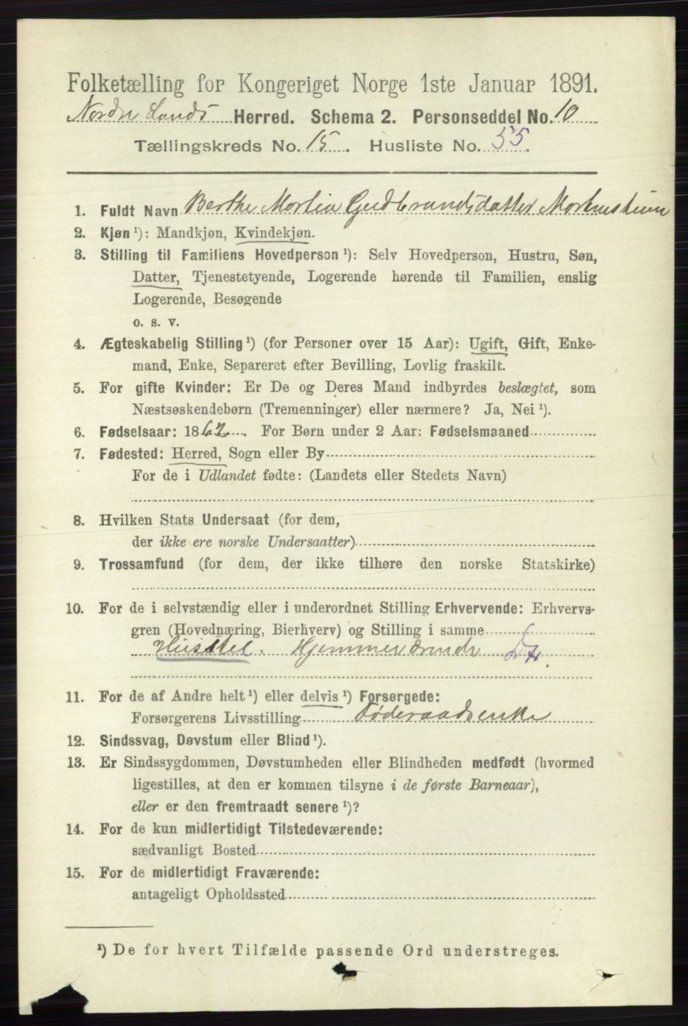 RA, 1891 census for 0538 Nordre Land, 1891, p. 4116