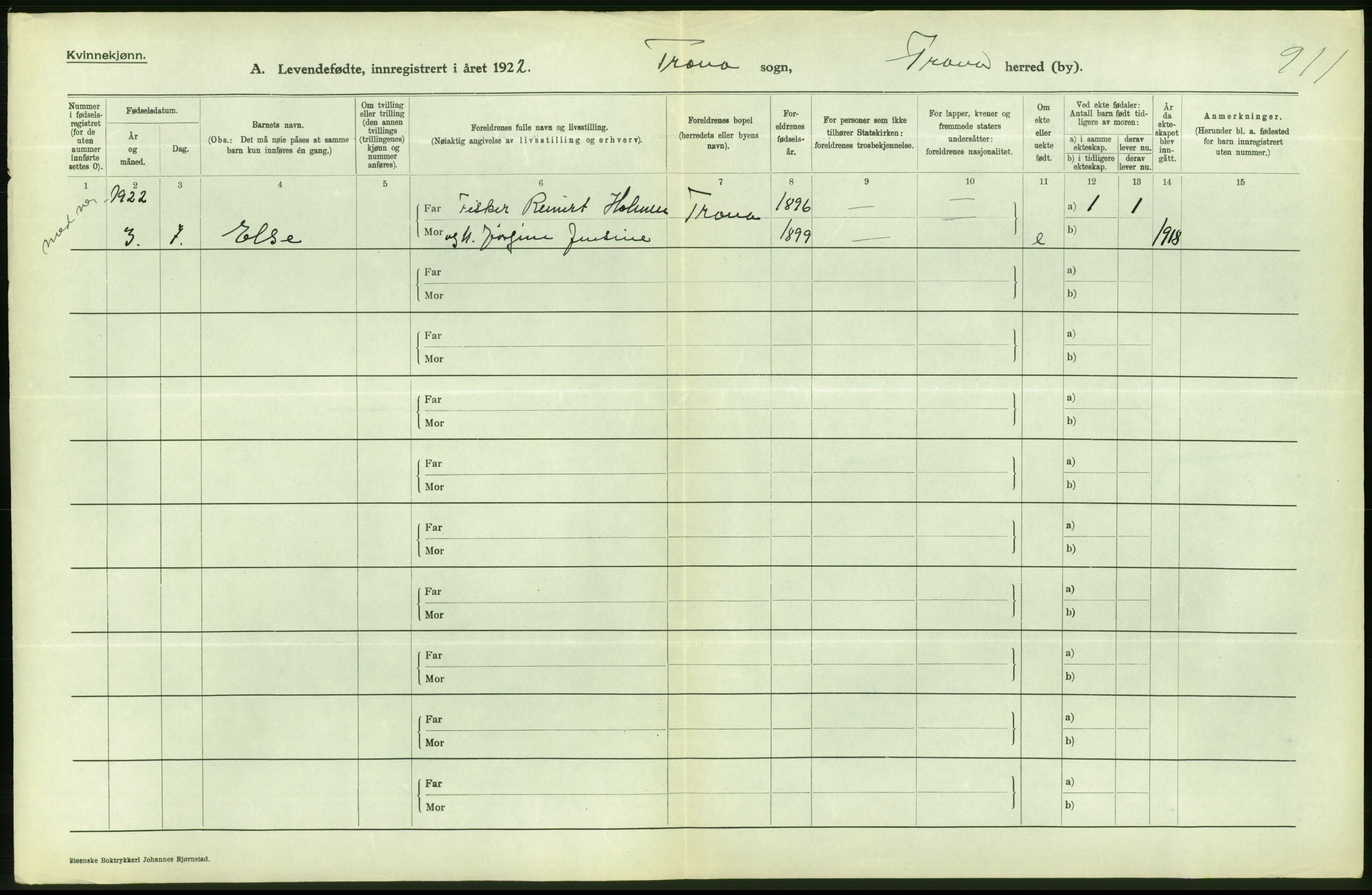 Statistisk sentralbyrå, Sosiodemografiske emner, Befolkning, AV/RA-S-2228/D/Df/Dfc/Dfcb/L0044: Nordland fylke: Levendefødte menn og kvinner. Bygder og byer., 1922, p. 314