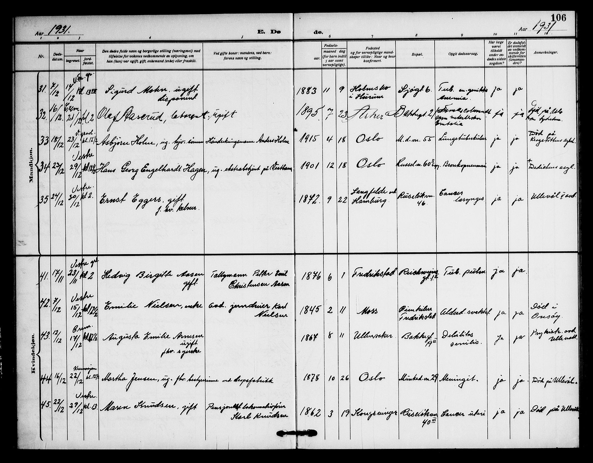 Piperviken prestekontor Kirkebøker, AV/SAO-A-10874/F/L0005: Parish register (official) no. 5, 1911-1949, p. 106