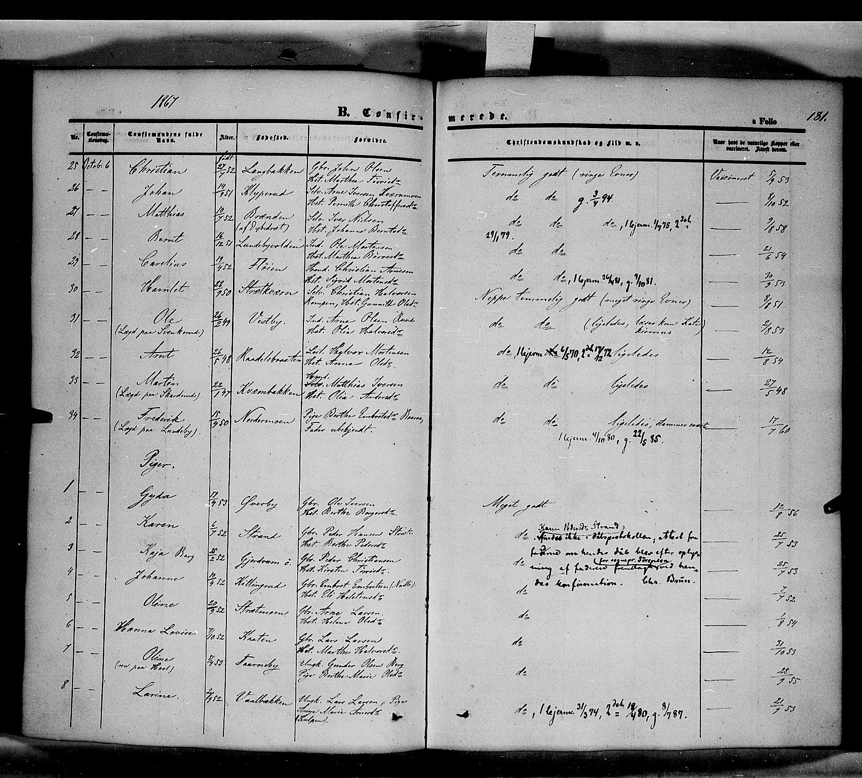 Våler prestekontor, Hedmark, SAH/PREST-040/H/Ha/Haa/L0001: Parish register (official) no. 1, 1849-1878, p. 181