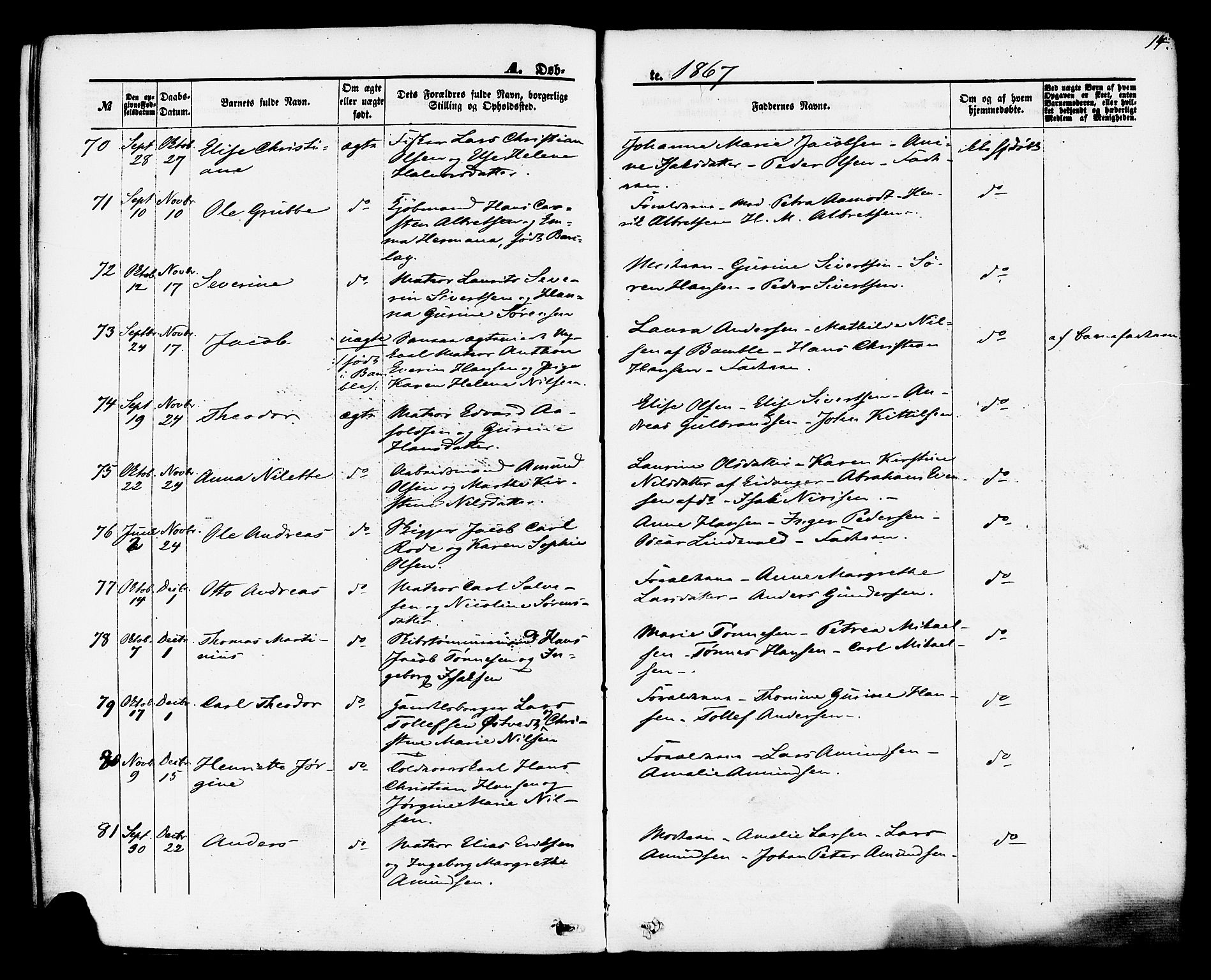 Brevik kirkebøker, AV/SAKO-A-255/F/Fa/L0006: Parish register (official) no. 6, 1866-1881, p. 14