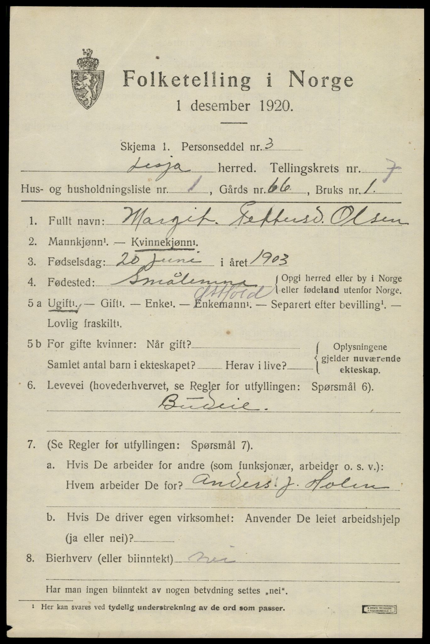 SAH, 1920 census for Lesja, 1920, p. 3912