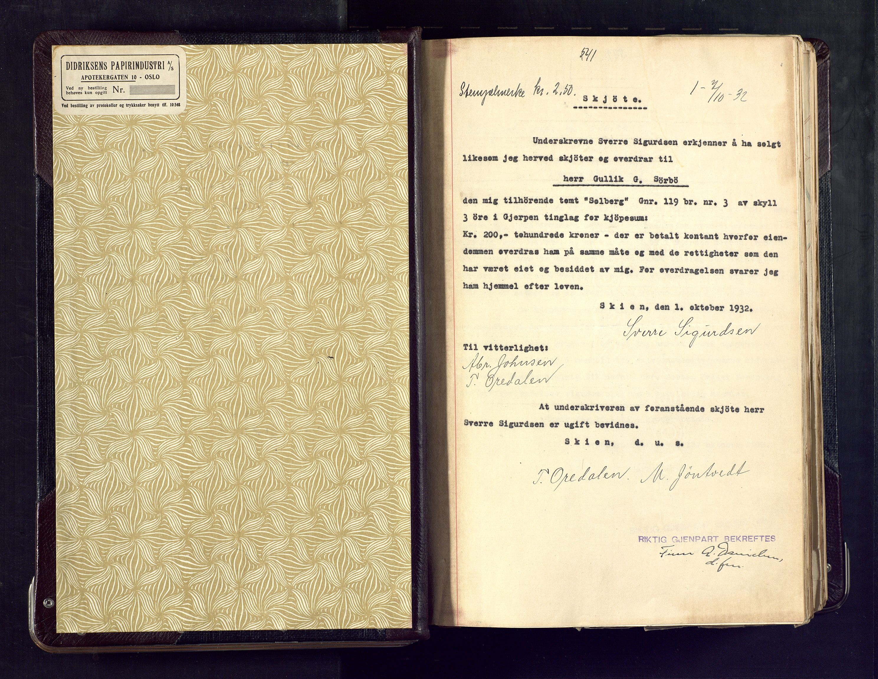 Gjerpen sorenskriveri, SAKO/A-216/G/Ga/Gaa/L0059: Mortgage book no. I 59-60 og 62, 1932-1934, Deed date: 07.10.1932