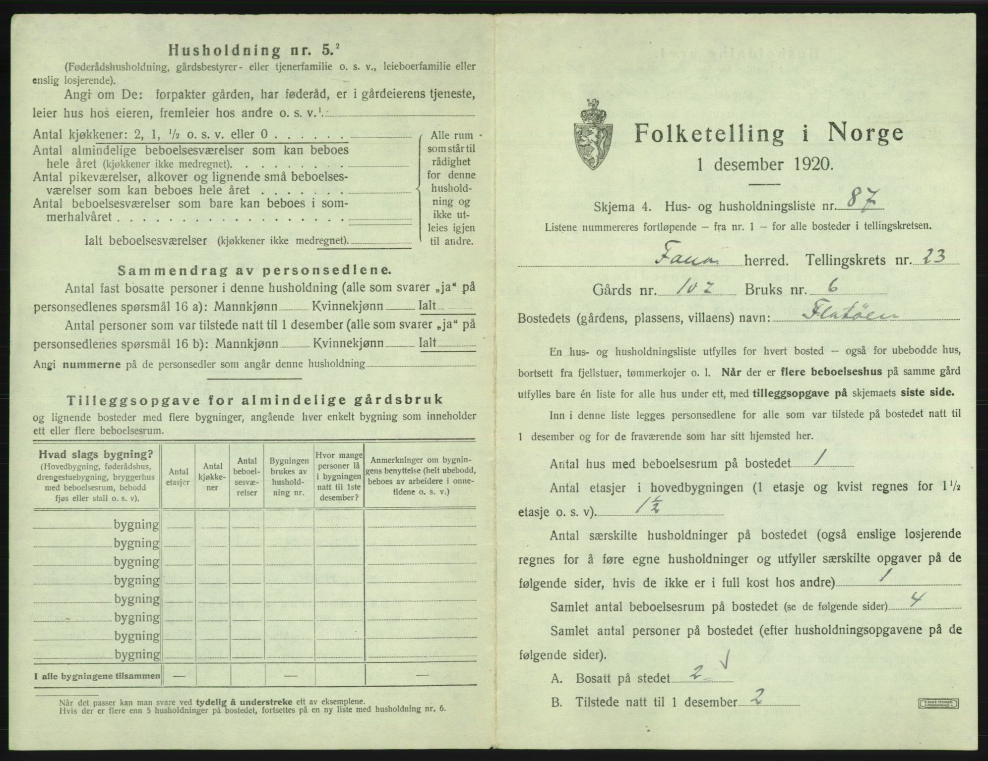 SAB, 1920 census for Fana, 1920, p. 3496