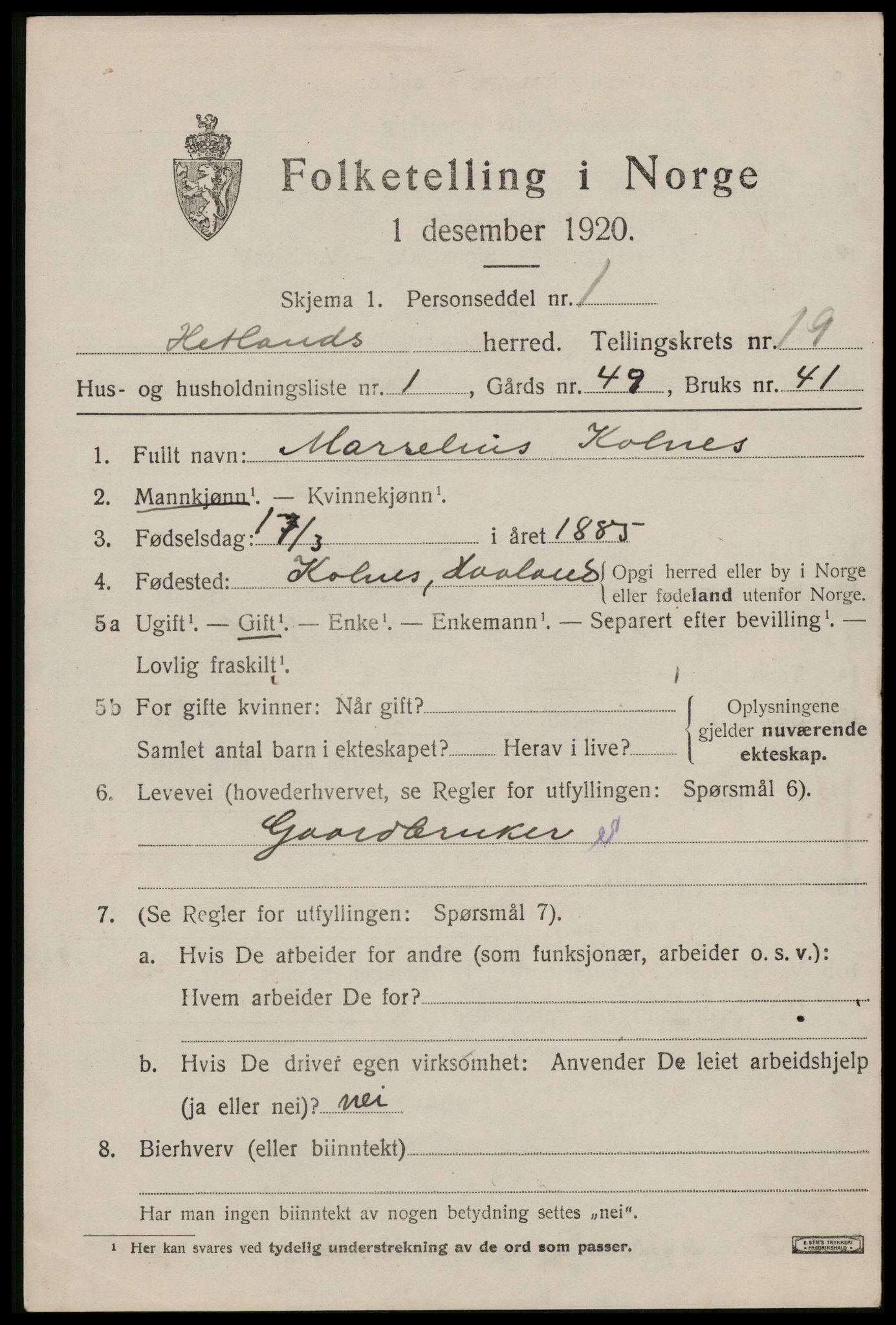 SAST, 1920 census for Hetland, 1920, p. 25695