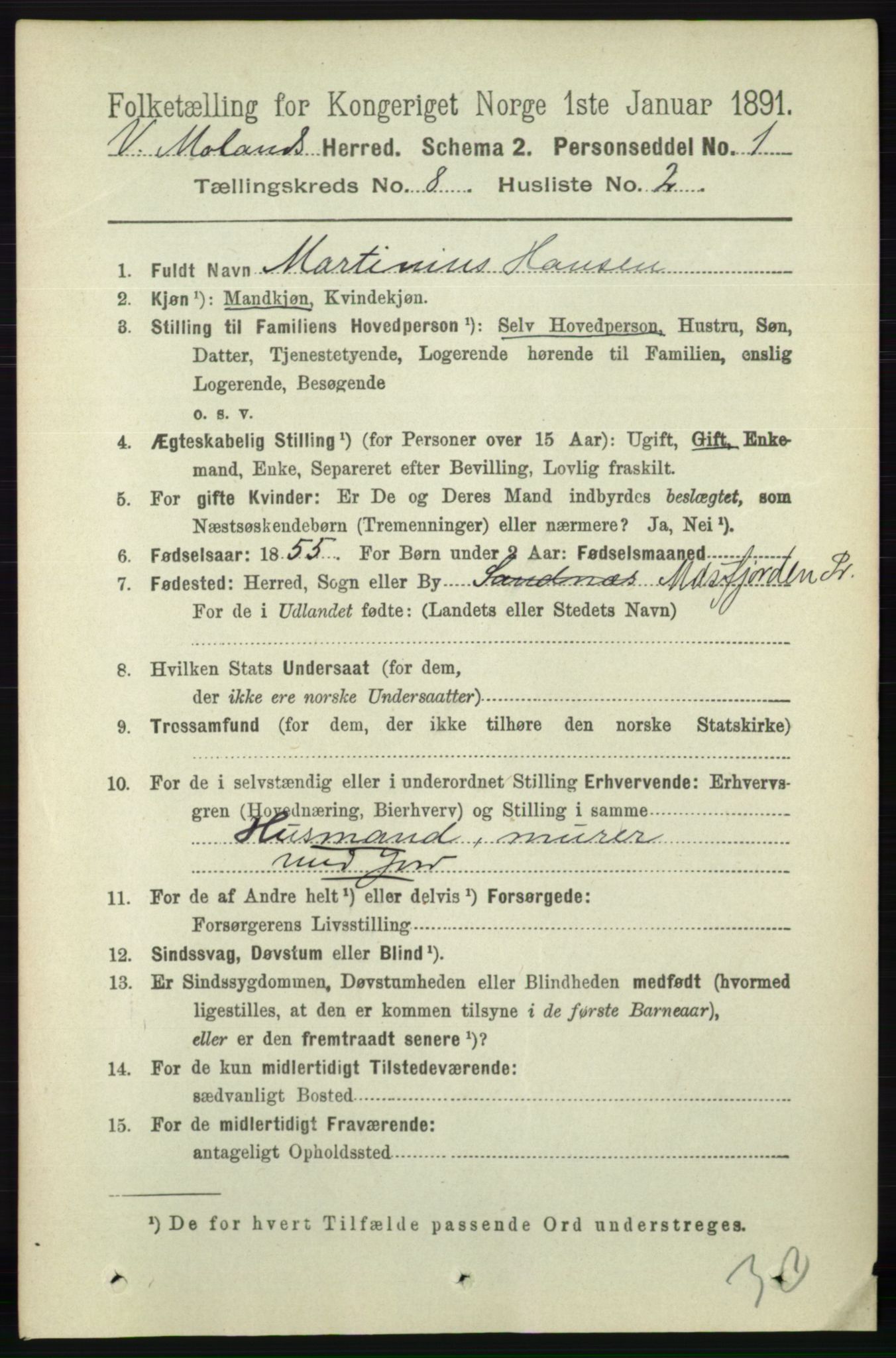 RA, 1891 census for 0926 Vestre Moland, 1891, p. 3006