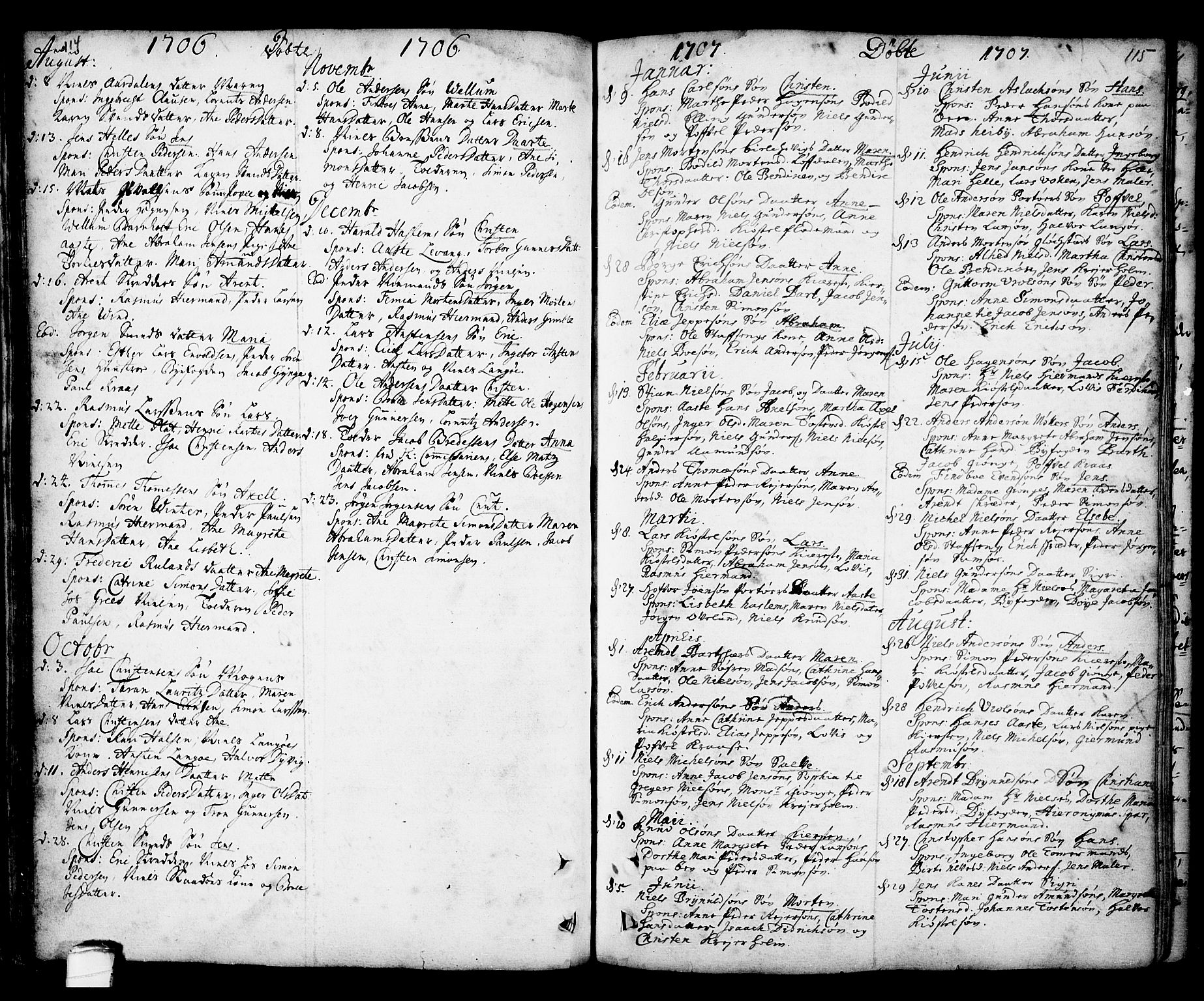 Kragerø kirkebøker, SAKO/A-278/F/Fa/L0001: Parish register (official) no. 1, 1702-1766, p. 114-115