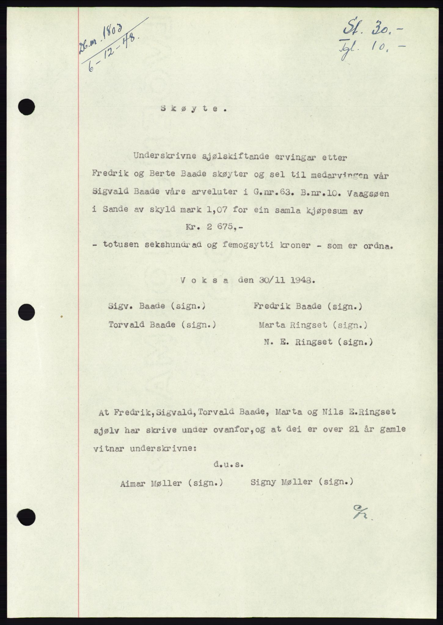 Søre Sunnmøre sorenskriveri, AV/SAT-A-4122/1/2/2C/L0083: Mortgage book no. 9A, 1948-1949, Diary no: : 1803/1948