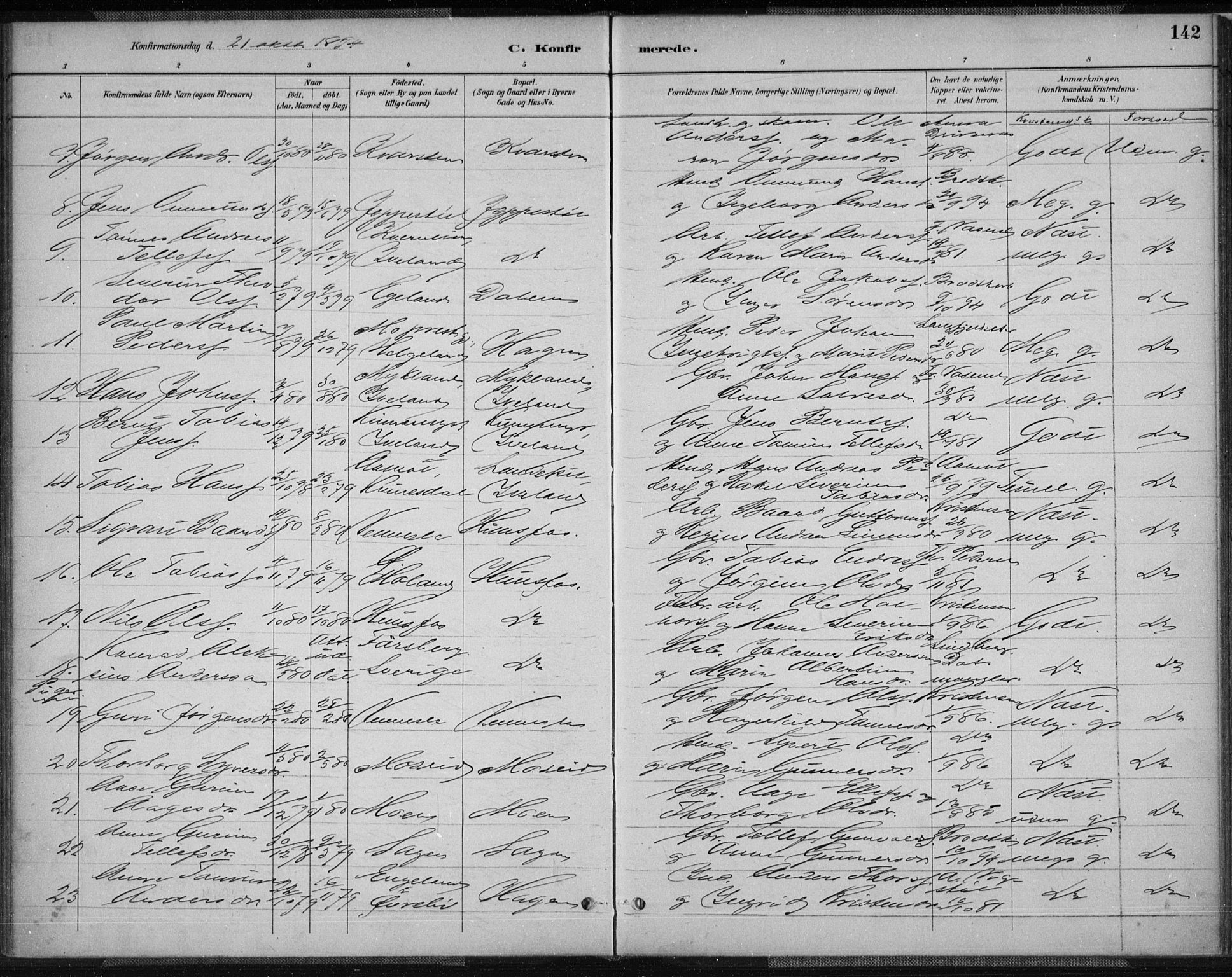 Vennesla sokneprestkontor, AV/SAK-1111-0045/Fa/Fab/L0004: Parish register (official) no. A 4, 1884-1896, p. 142