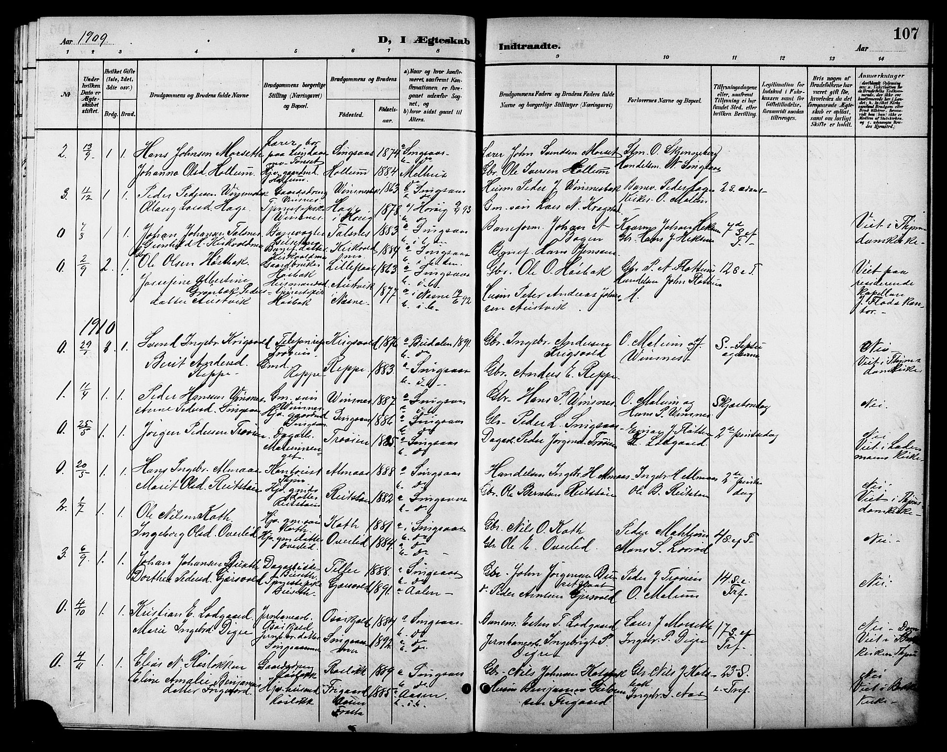 Ministerialprotokoller, klokkerbøker og fødselsregistre - Sør-Trøndelag, SAT/A-1456/688/L1029: Parish register (copy) no. 688C04, 1899-1915, p. 107