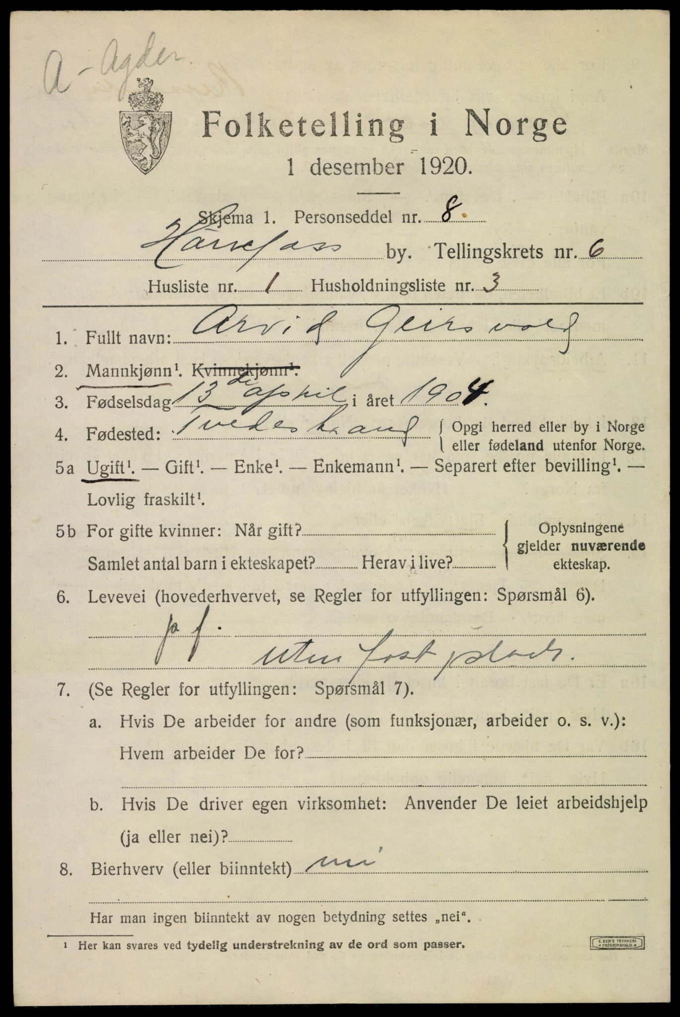 SAKO, 1920 census for Hønefoss, 1920, p. 6988