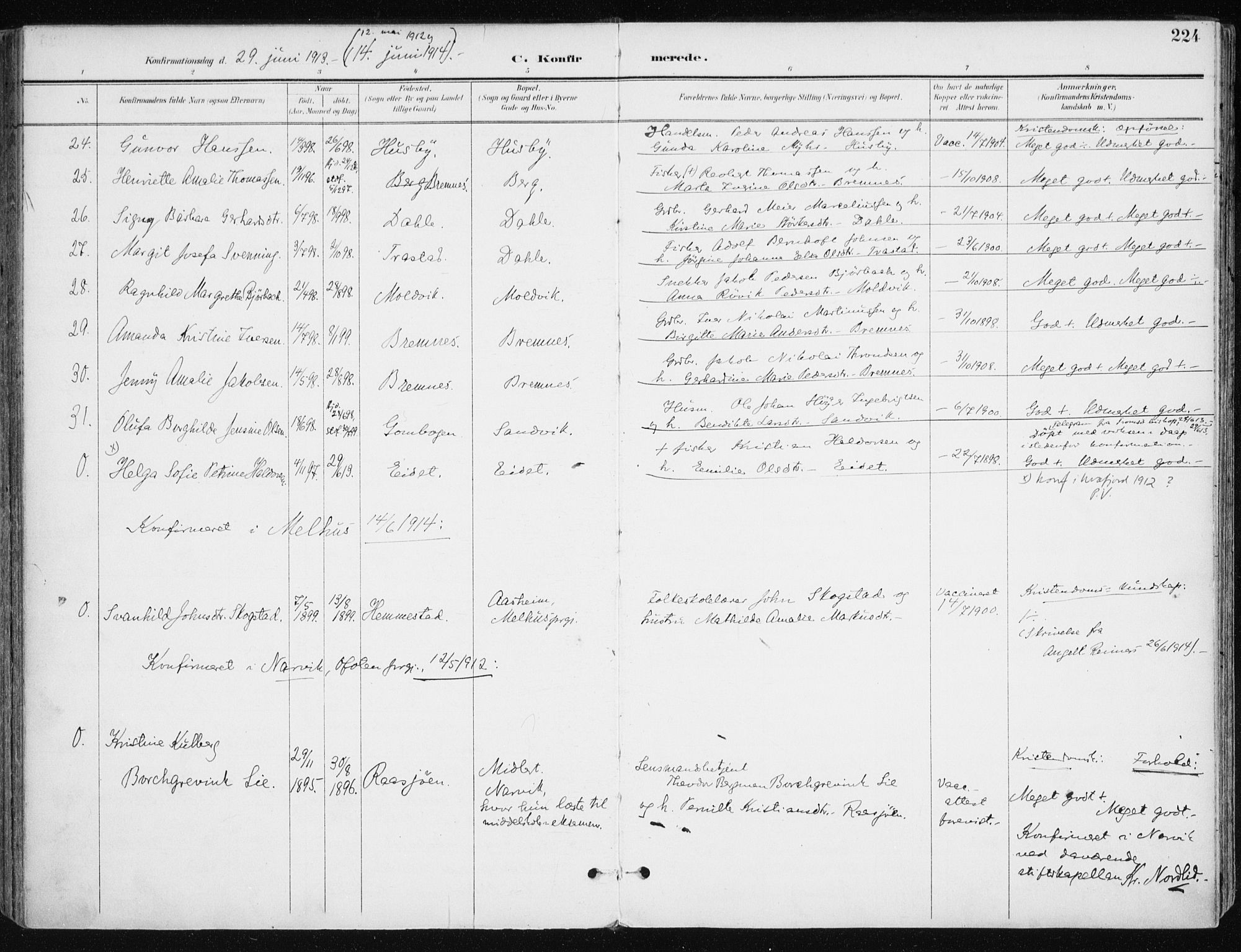 Kvæfjord sokneprestkontor, AV/SATØ-S-1323/G/Ga/Gaa/L0006kirke: Parish register (official) no. 6, 1895-1914, p. 224