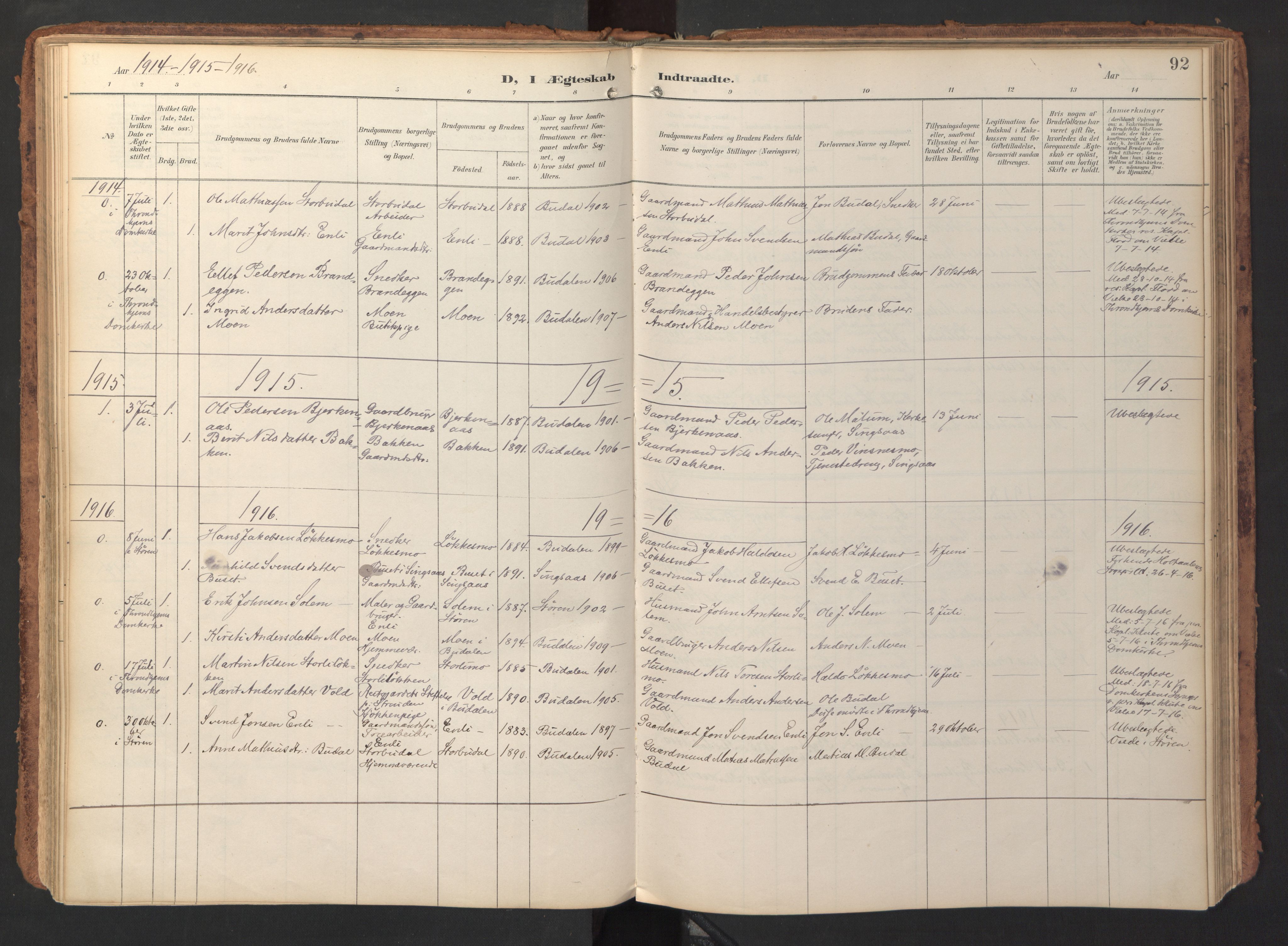 Ministerialprotokoller, klokkerbøker og fødselsregistre - Sør-Trøndelag, SAT/A-1456/690/L1050: Parish register (official) no. 690A01, 1889-1929, p. 92