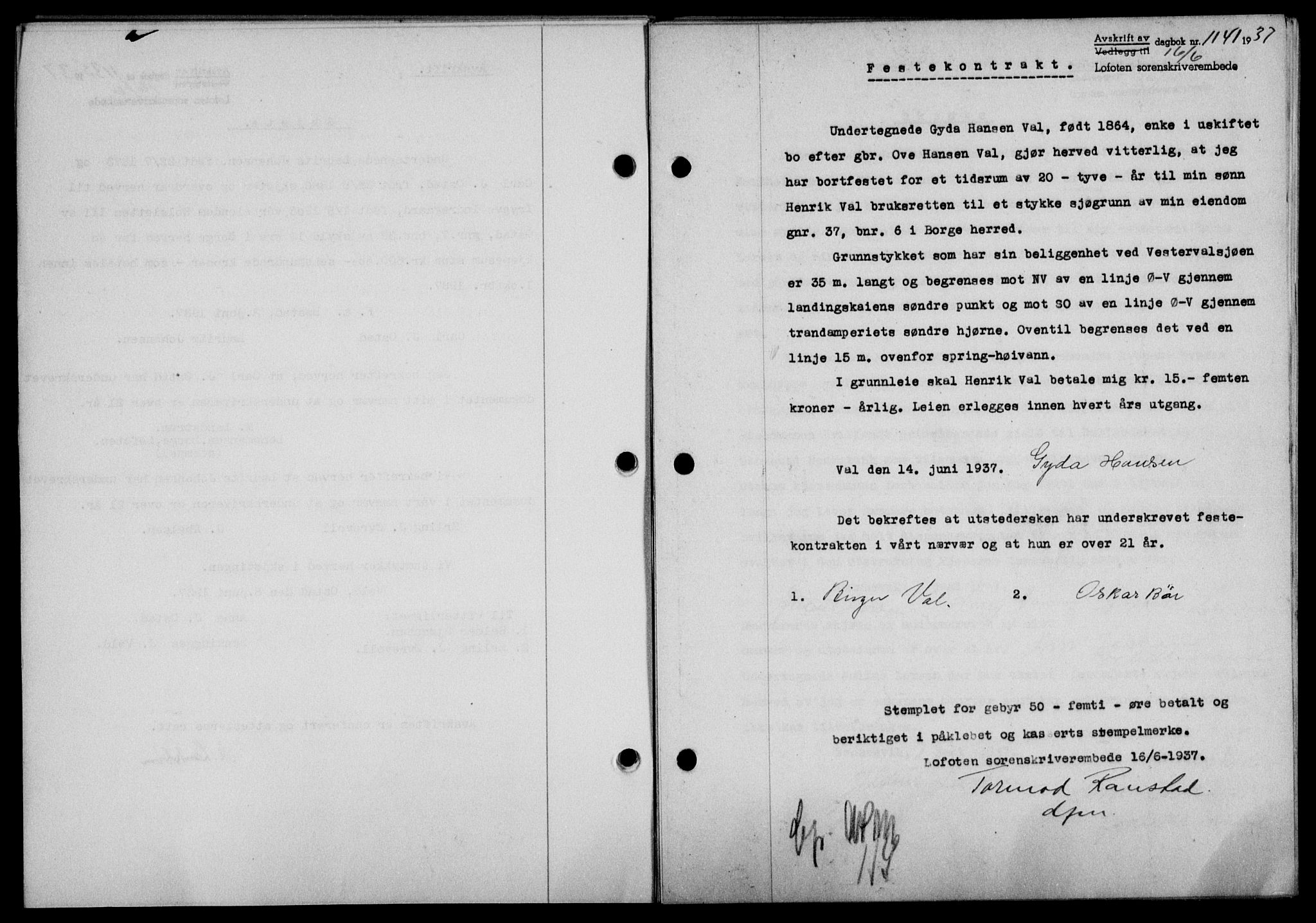 Lofoten sorenskriveri, SAT/A-0017/1/2/2C/L0002a: Mortgage book no. 2a, 1937-1937, Diary no: : 1141/1937
