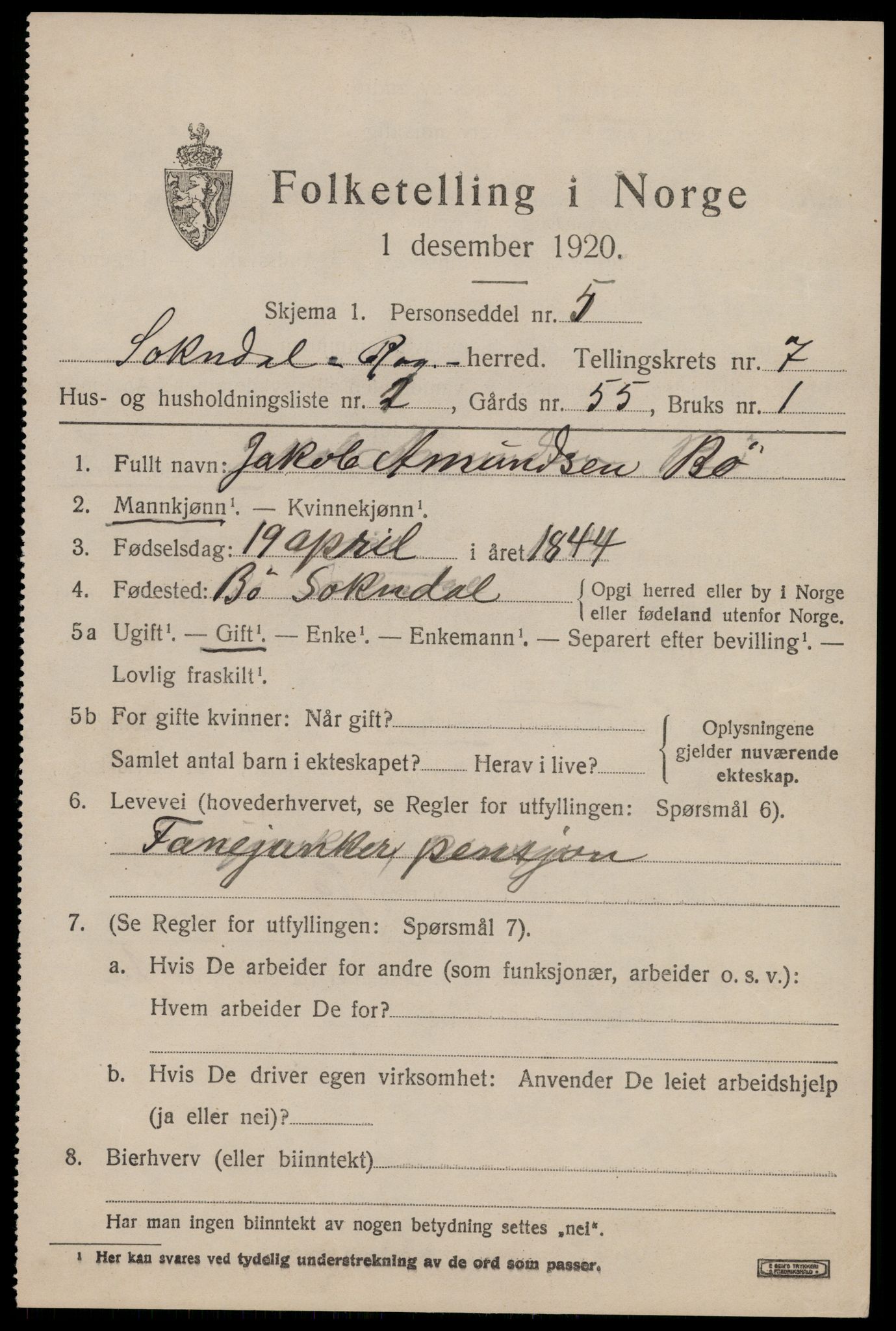 SAST, 1920 census for Sokndal, 1920, p. 4213