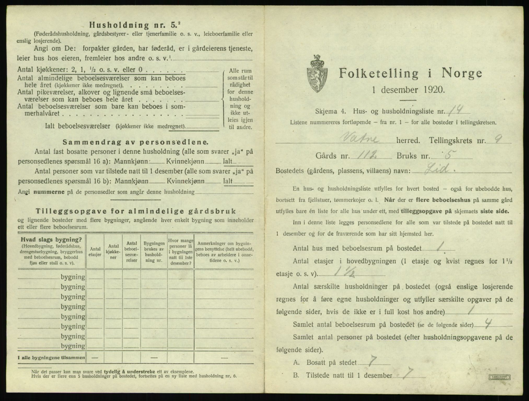 SAT, 1920 census for Vatne, 1920, p. 530