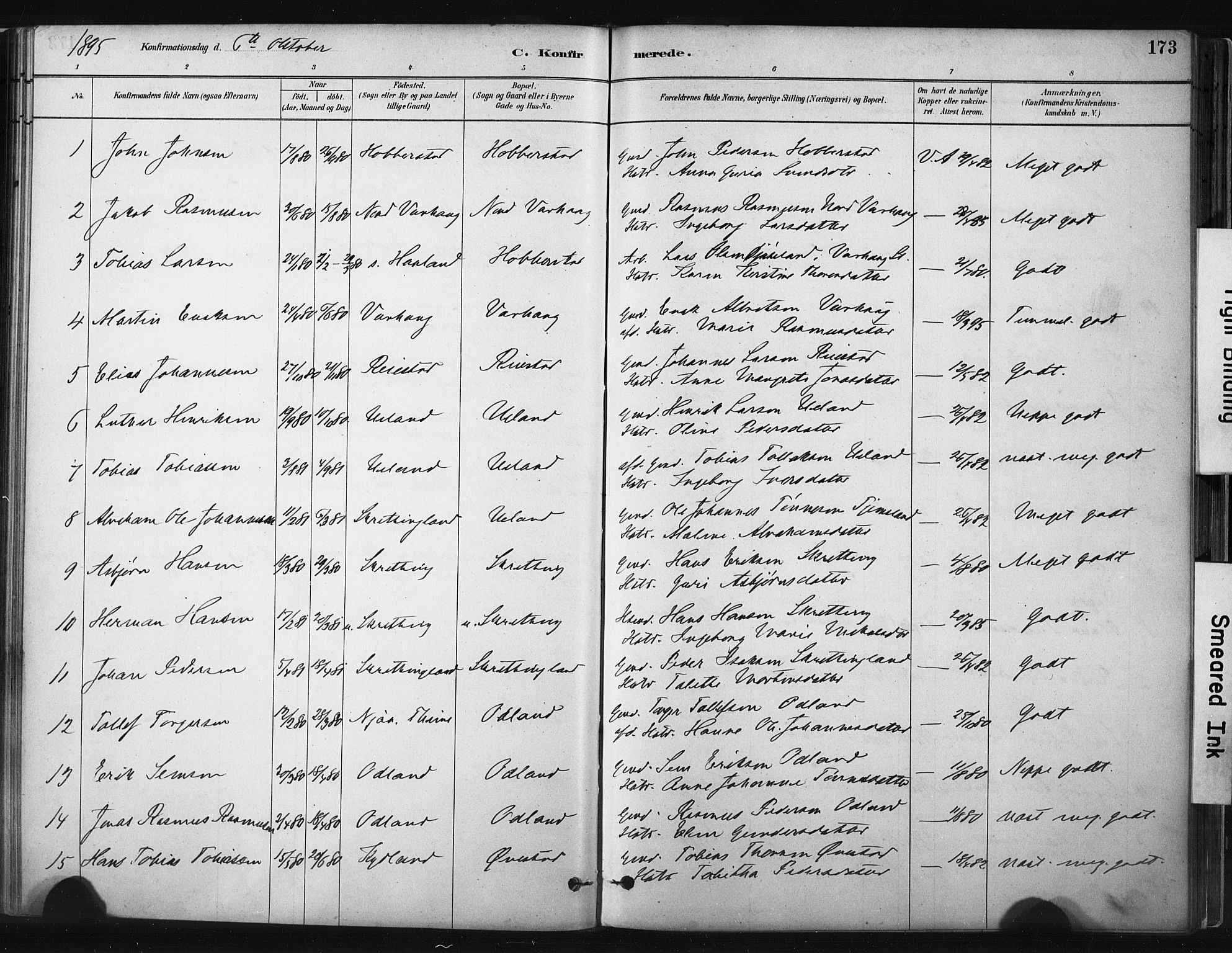Hå sokneprestkontor, AV/SAST-A-101801/001/30BA/L0011: Parish register (official) no. A 10, 1879-1900, p. 173