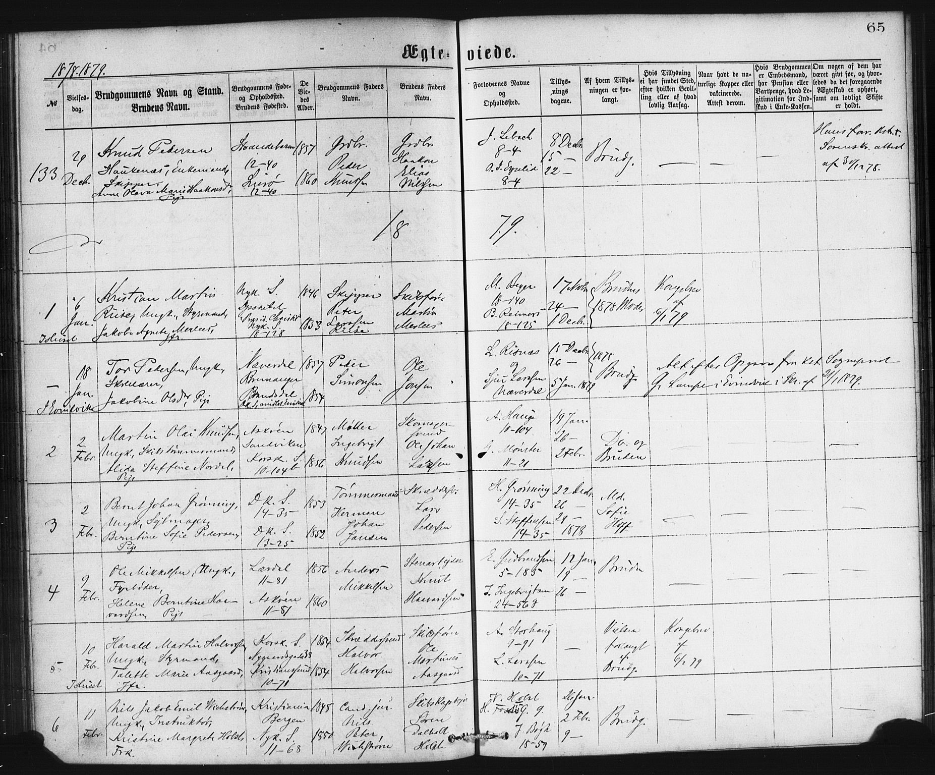 Domkirken sokneprestembete, SAB/A-74801/H/Haa/L0036: Parish register (official) no. D 3, 1875-1880, p. 65