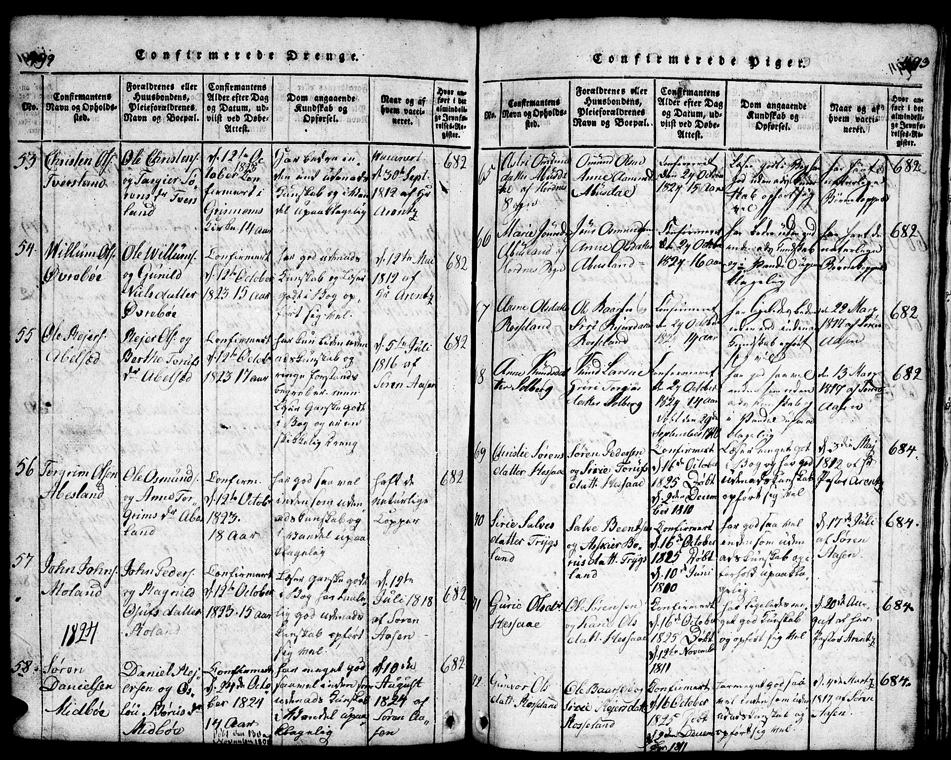 Bjelland sokneprestkontor, SAK/1111-0005/F/Fb/Fba/L0003: Parish register (copy) no. B 3, 1816-1870, p. 492-493