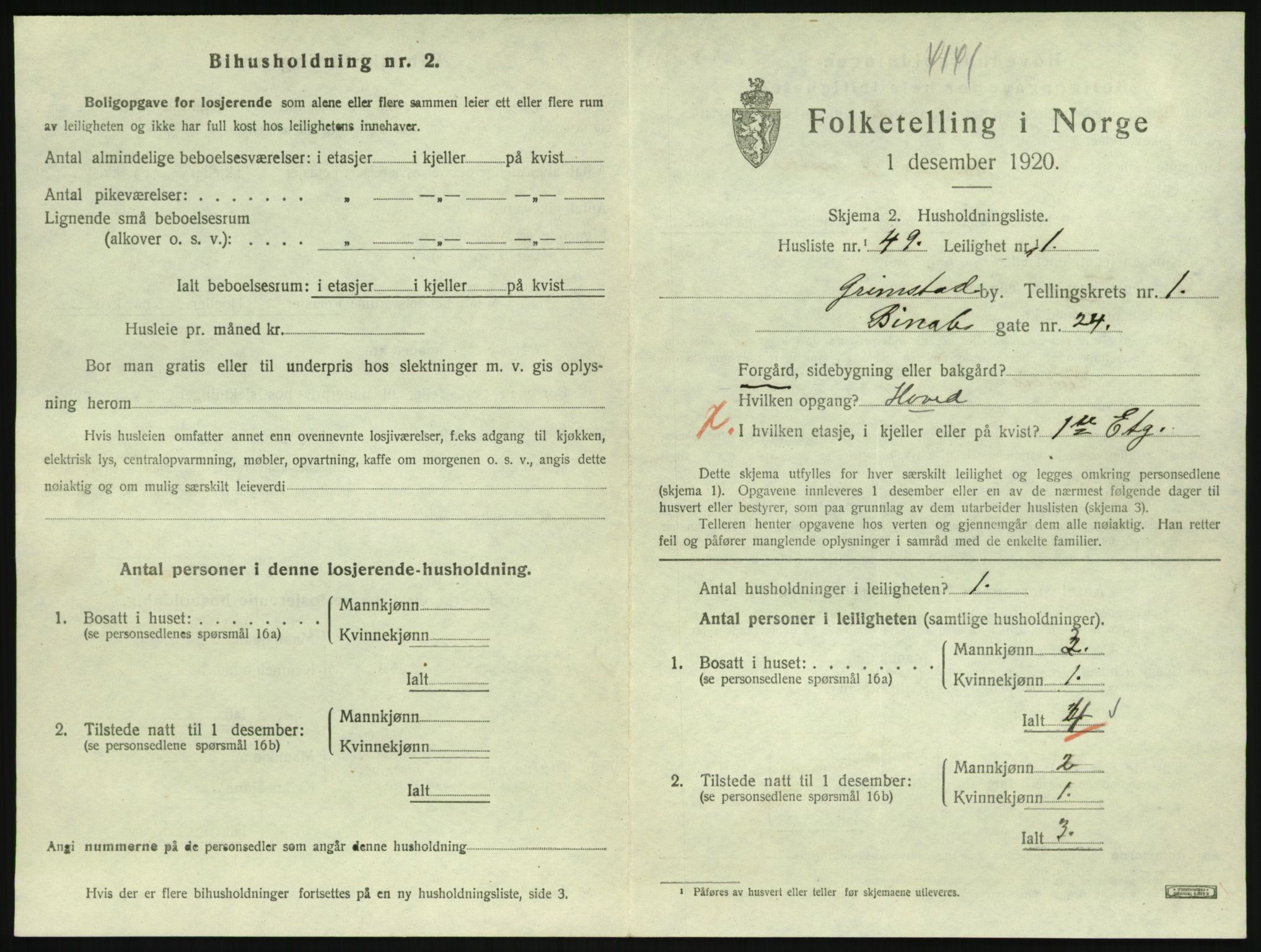 SAK, 1920 census for Grimstad, 1920, p. 1117