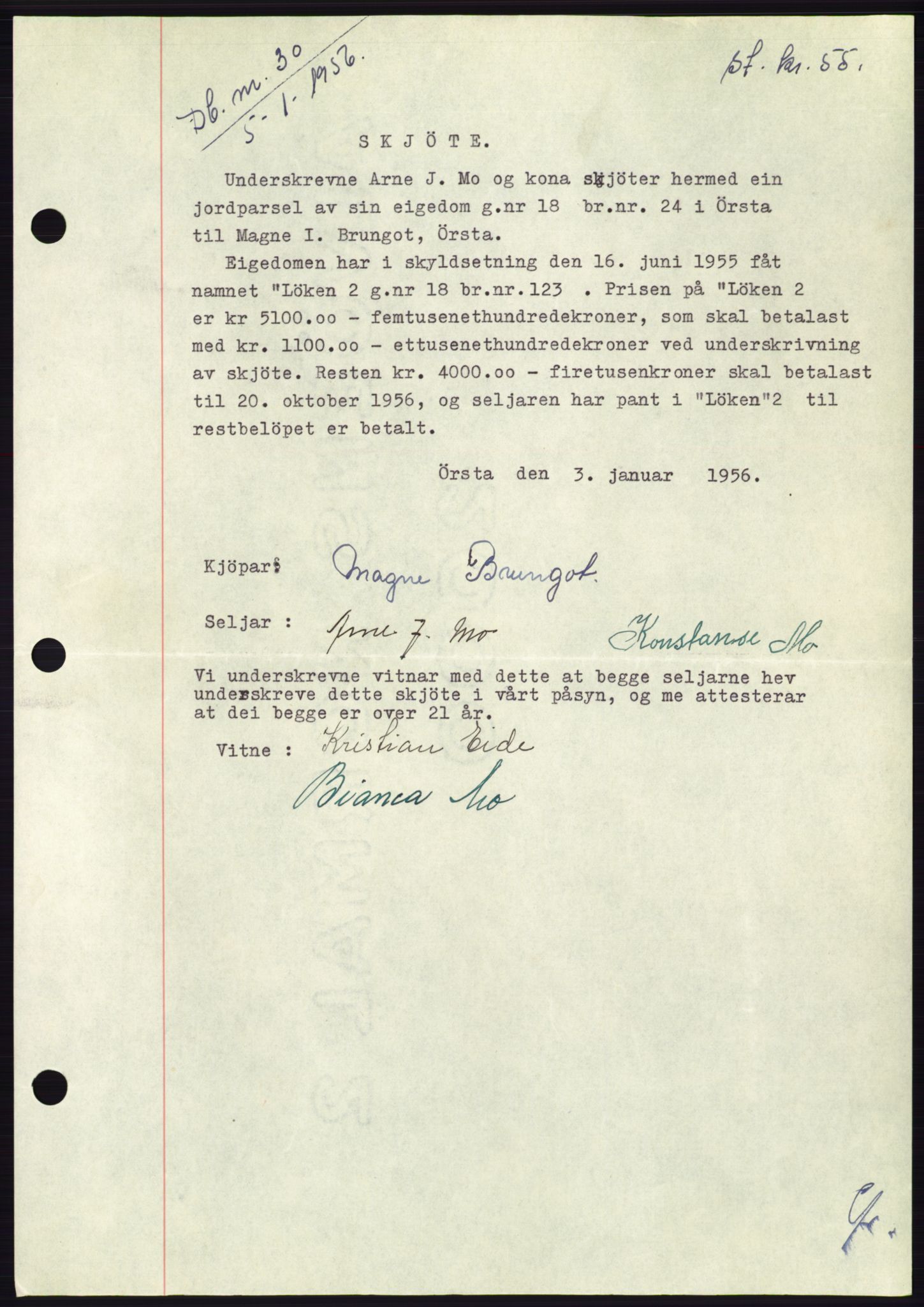 Søre Sunnmøre sorenskriveri, AV/SAT-A-4122/1/2/2C/L0102: Mortgage book no. 28A, 1955-1956, Diary no: : 30/1956
