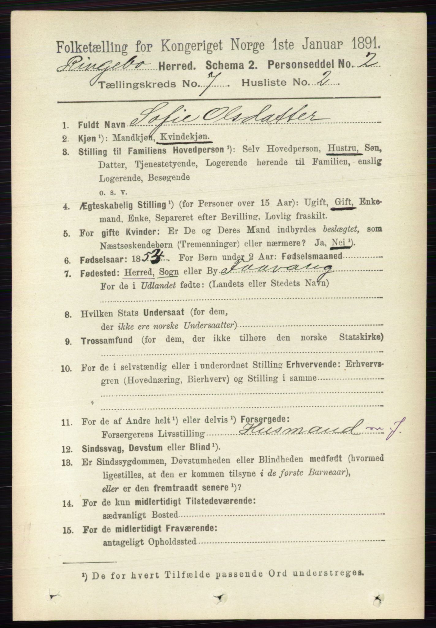 RA, 1891 census for 0520 Ringebu, 1891, p. 3045