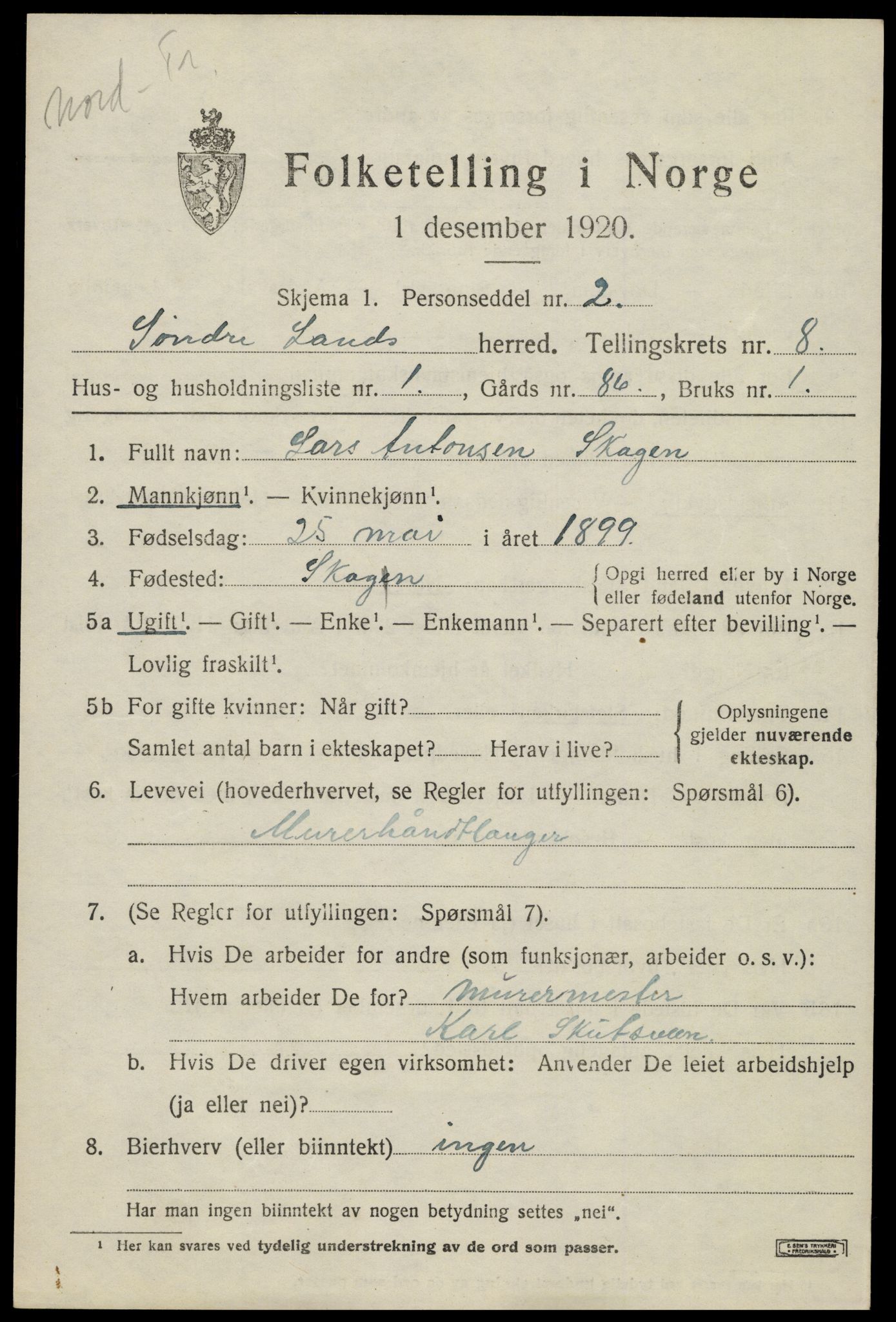 SAH, 1920 census for Søndre Land, 1920, p. 7587