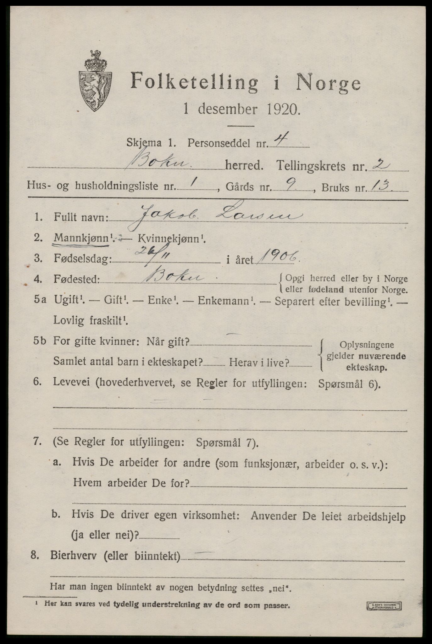 SAST, 1920 census for Bokn, 1920, p. 792