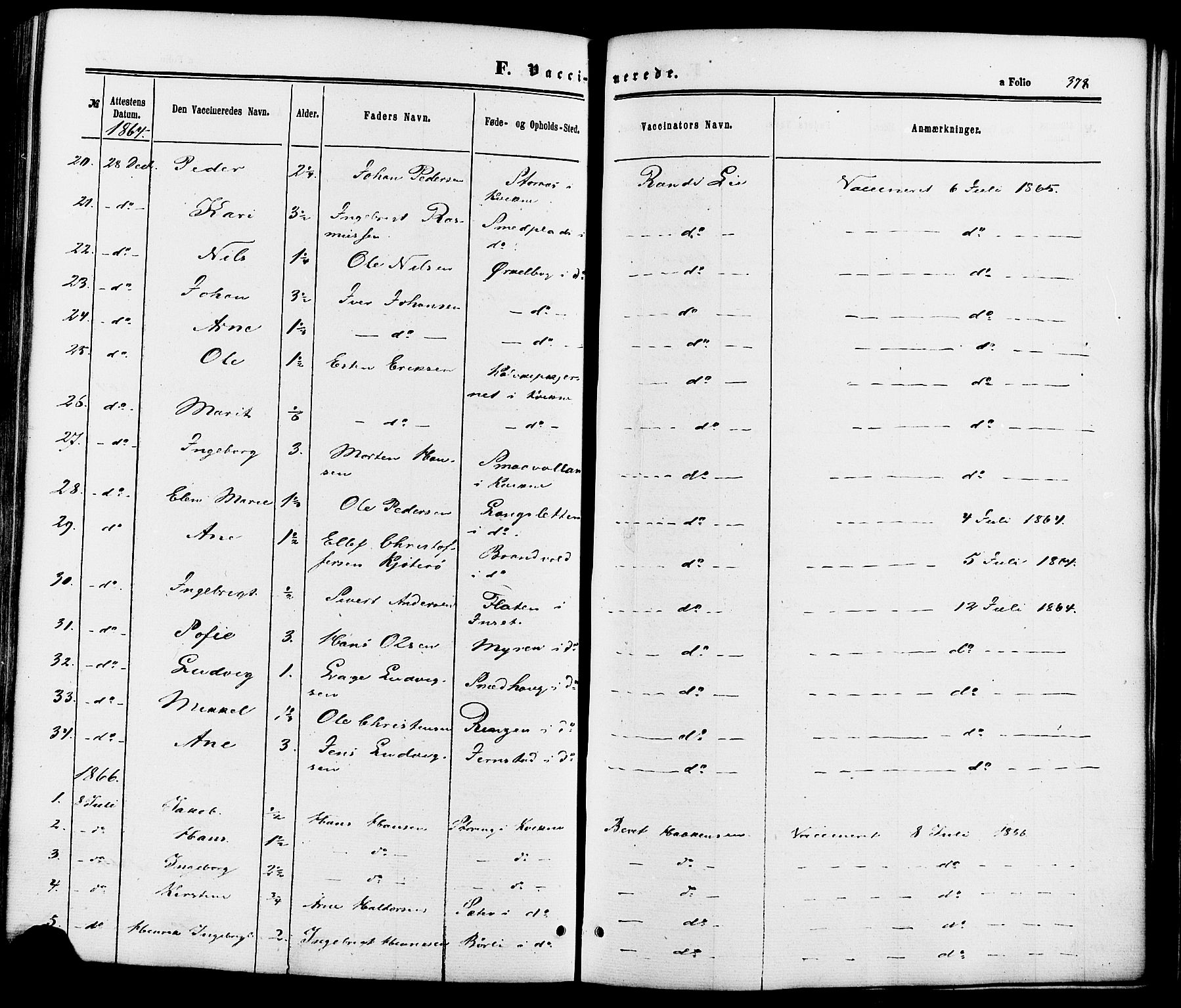Kvikne prestekontor, SAH/PREST-064/H/Ha/Haa/L0006: Parish register (official) no. 6, 1863-1886, p. 378