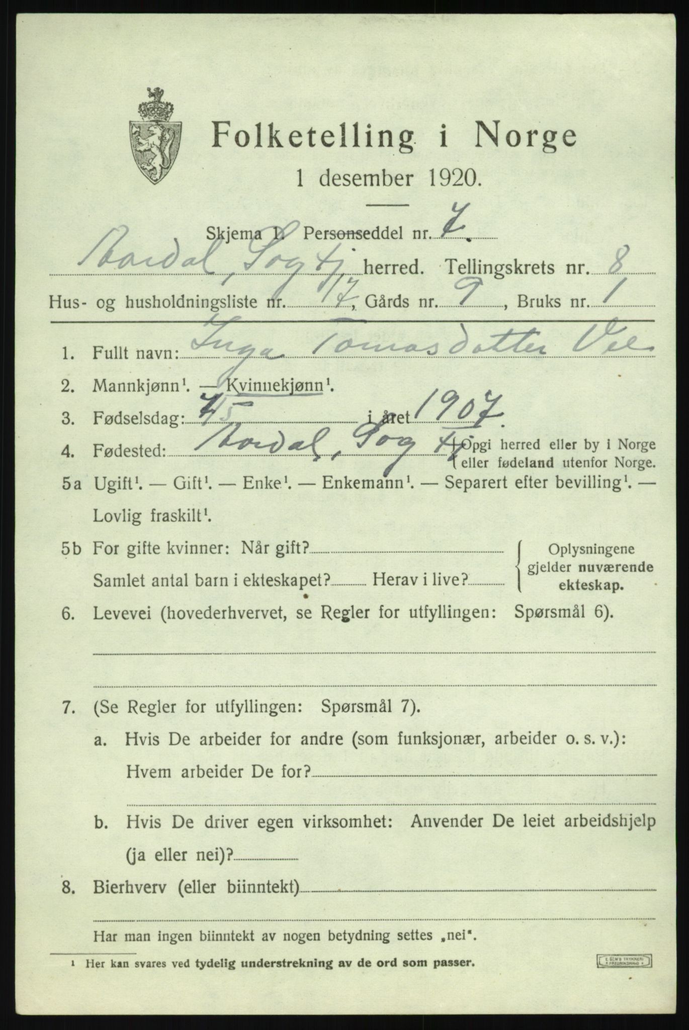 SAB, 1920 census for Årdal, 1920, p. 3835