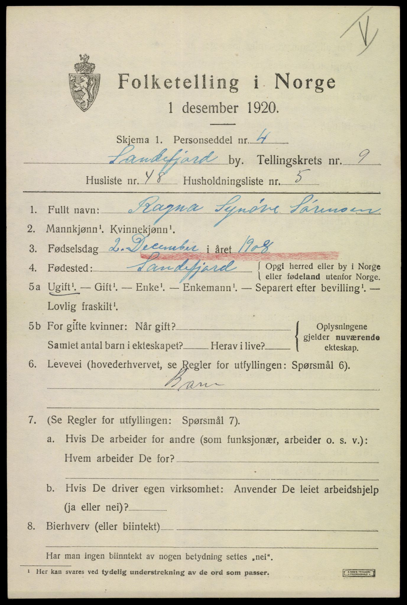 SAKO, 1920 census for Sandefjord, 1920, p. 13680