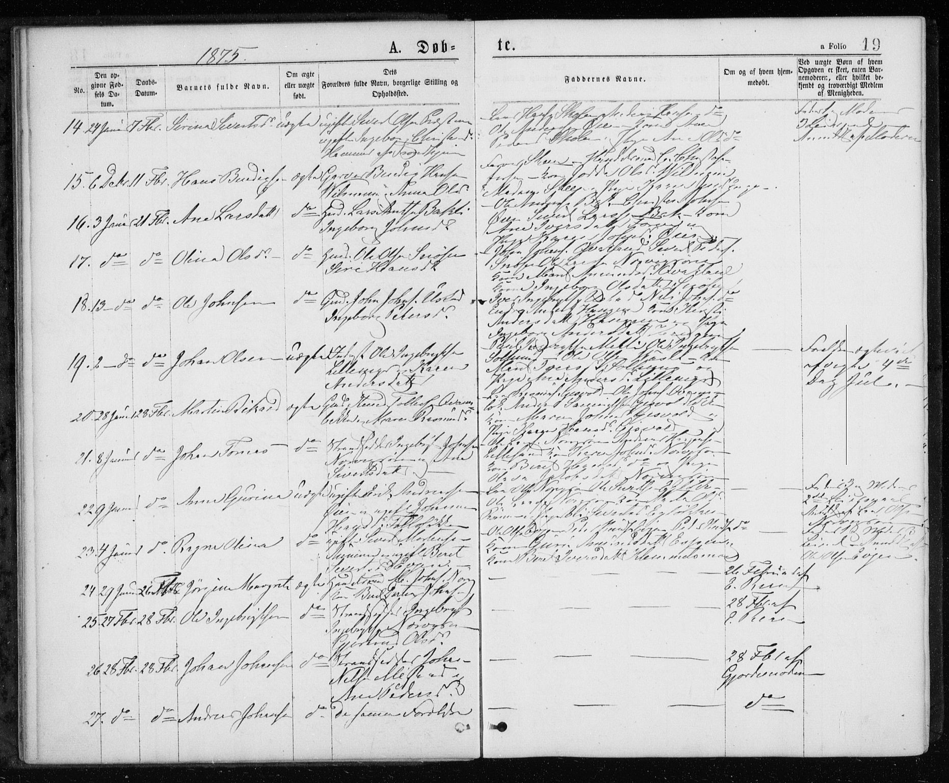 Ministerialprotokoller, klokkerbøker og fødselsregistre - Sør-Trøndelag, SAT/A-1456/668/L0817: Parish register (copy) no. 668C06, 1873-1884, p. 19