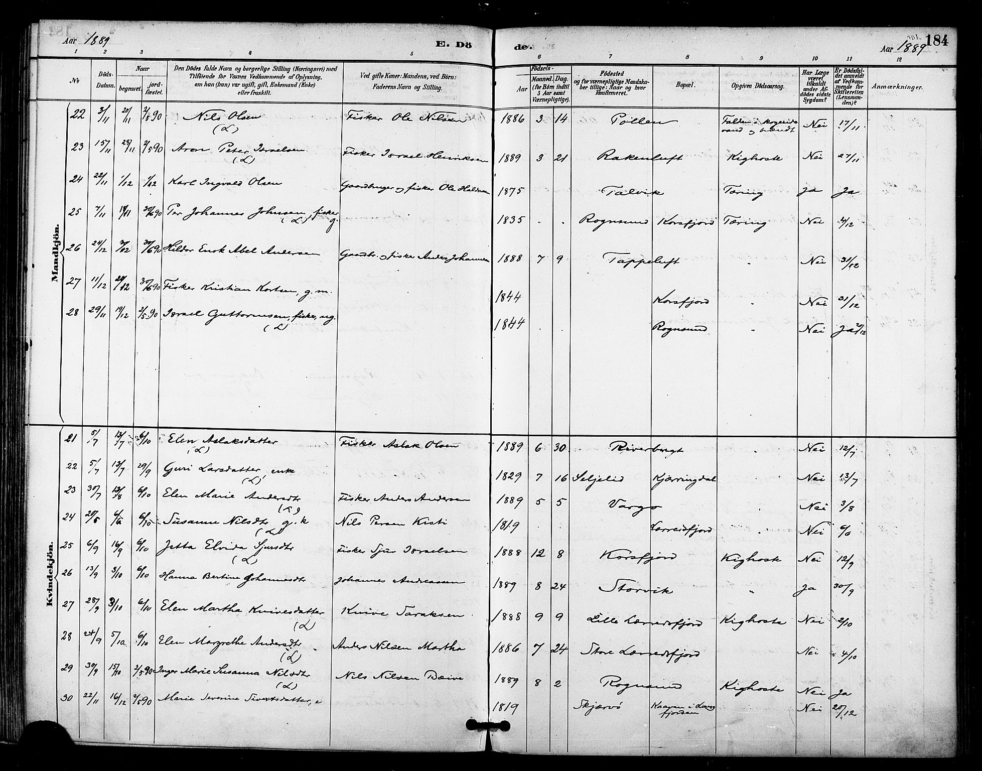 Talvik sokneprestkontor, AV/SATØ-S-1337/H/Ha/L0013kirke: Parish register (official) no. 13, 1886-1897, p. 184