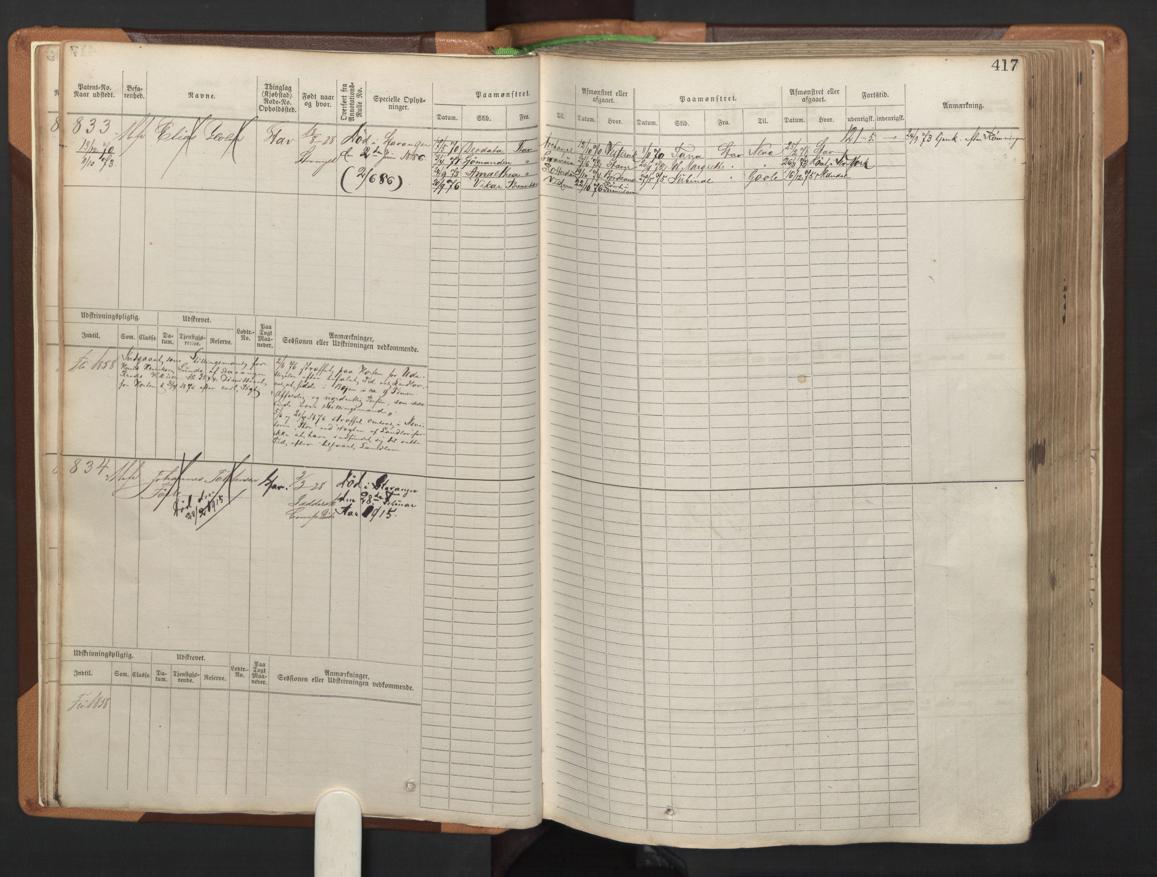 Stavanger sjømannskontor, AV/SAST-A-102006/F/Fb/Fbb/L0005: Sjøfartshovedrulle, patentnr. 793-1606 (del 2), 1869-1880, p. 23