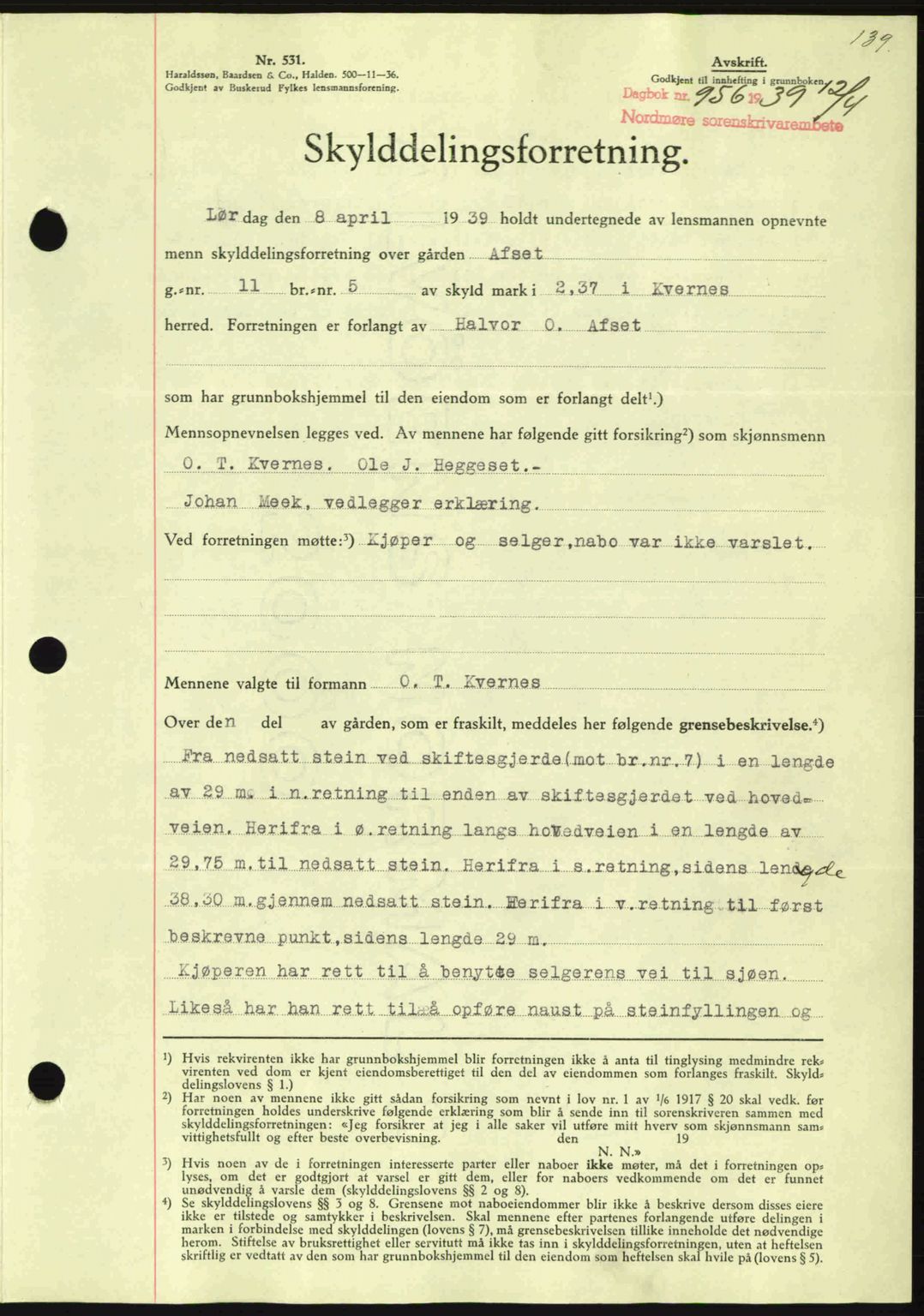 Nordmøre sorenskriveri, AV/SAT-A-4132/1/2/2Ca: Mortgage book no. A86, 1939-1939, Diary no: : 956/1939