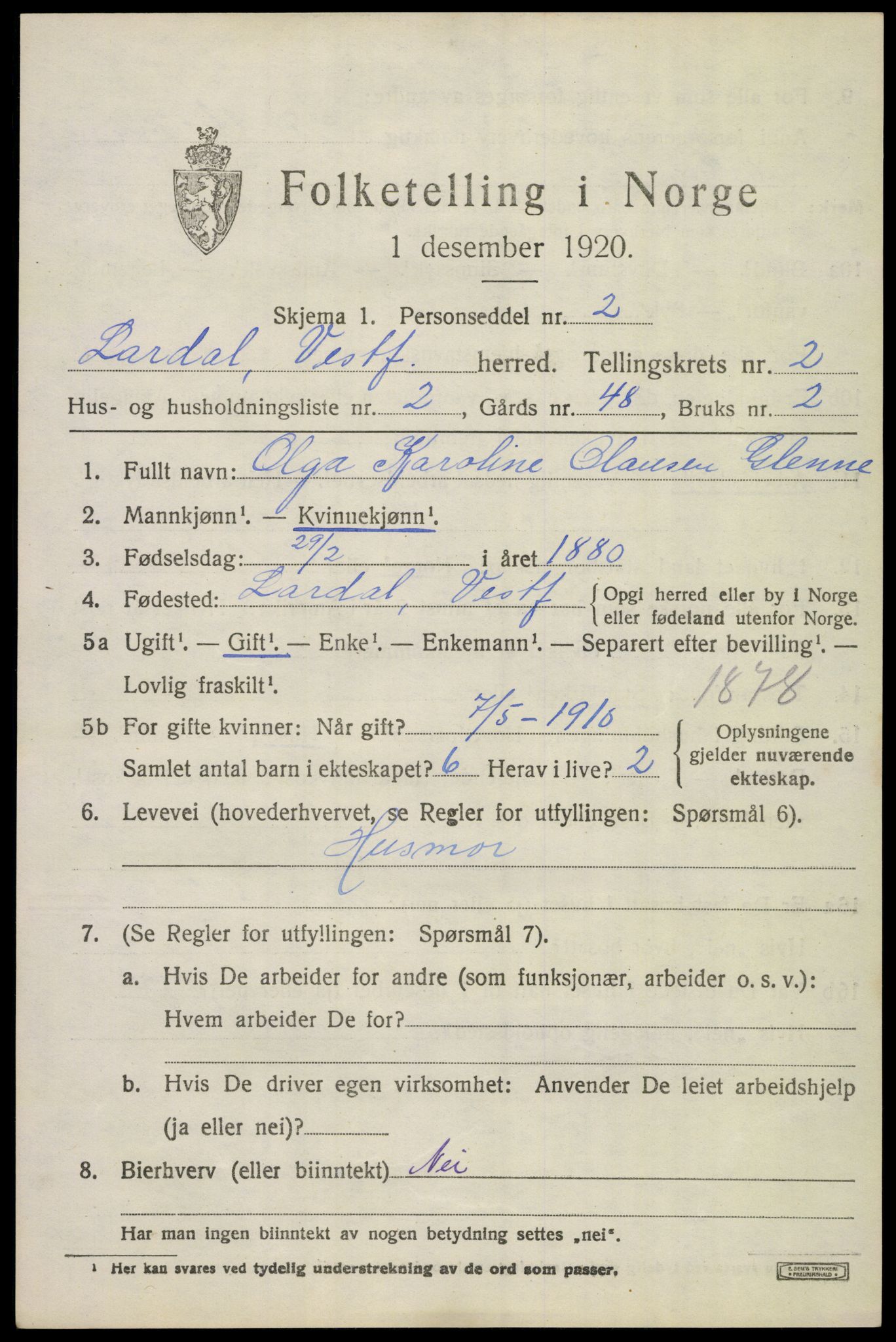 SAKO, 1920 census for Lardal, 1920, p. 1989