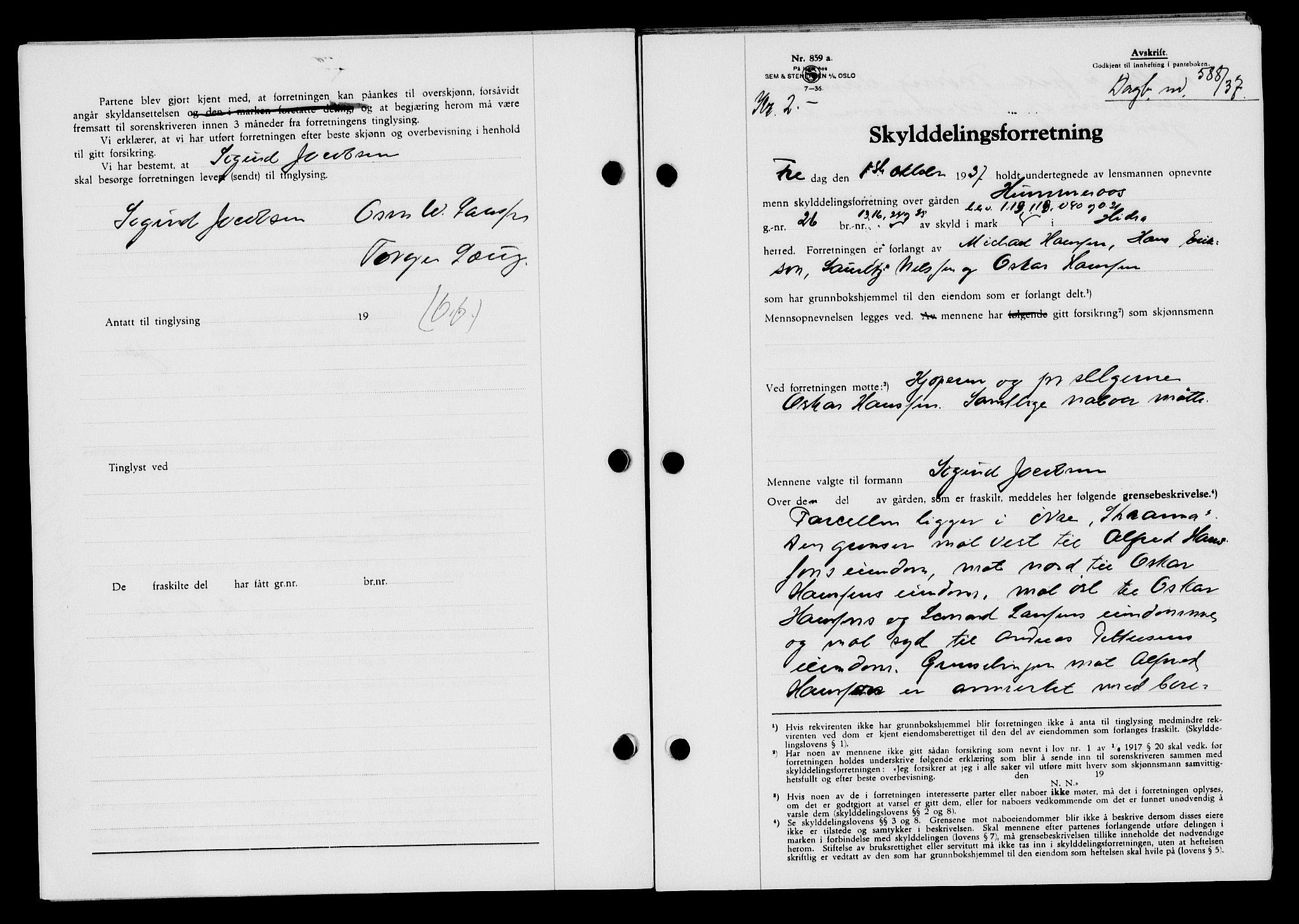 Flekkefjord sorenskriveri, SAK/1221-0001/G/Gb/Gba/L0054: Mortgage book no. A-2, 1937-1938, Diary no: : 588/1937